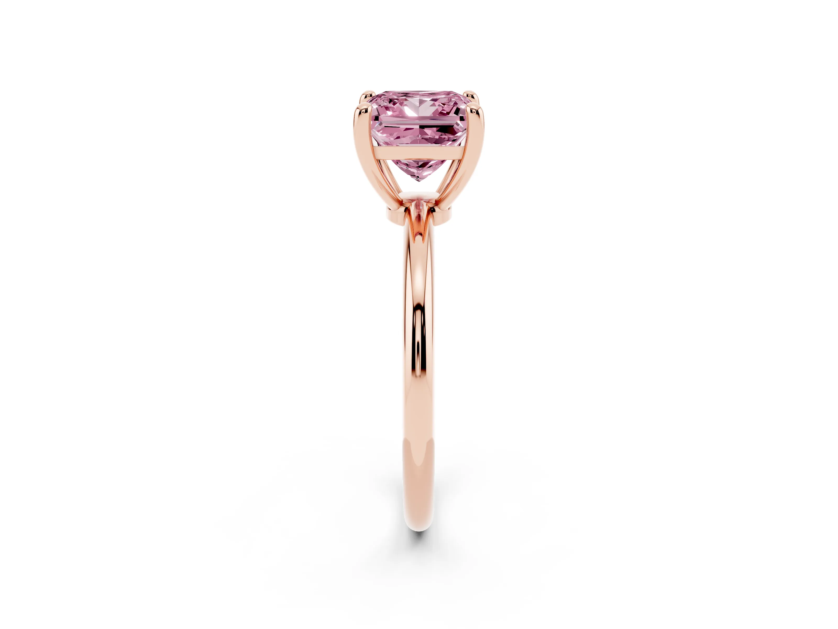 Fancy Pink Princess Cut Diamond Solitaire Ring Set in Rose gold with Secure Prong Setting on a Classic Band
