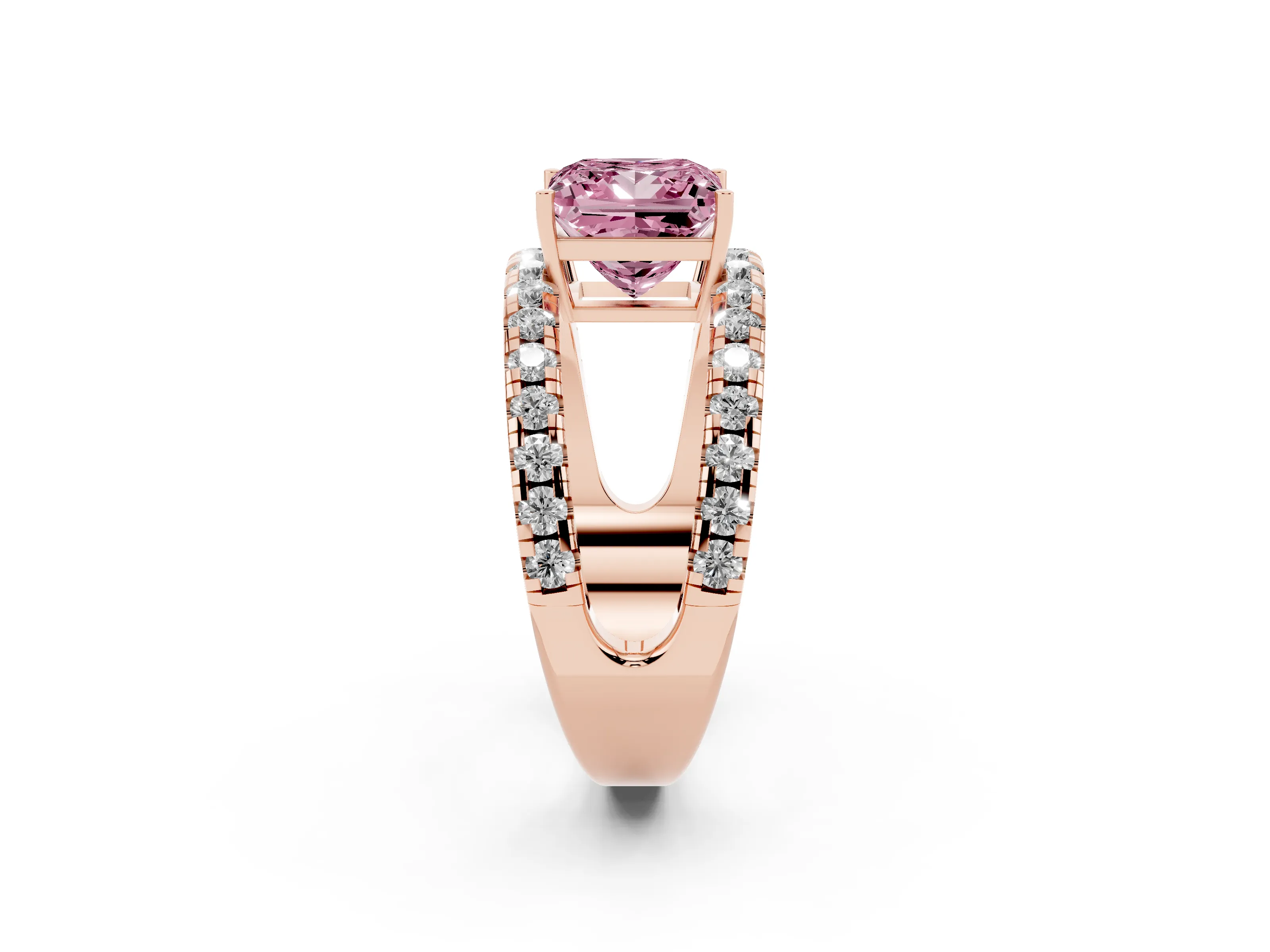 Fancy Pink Princess Cut Diamond Split Shank Pavé Solitaire Ring Set in Rose gold with Open Shank Design