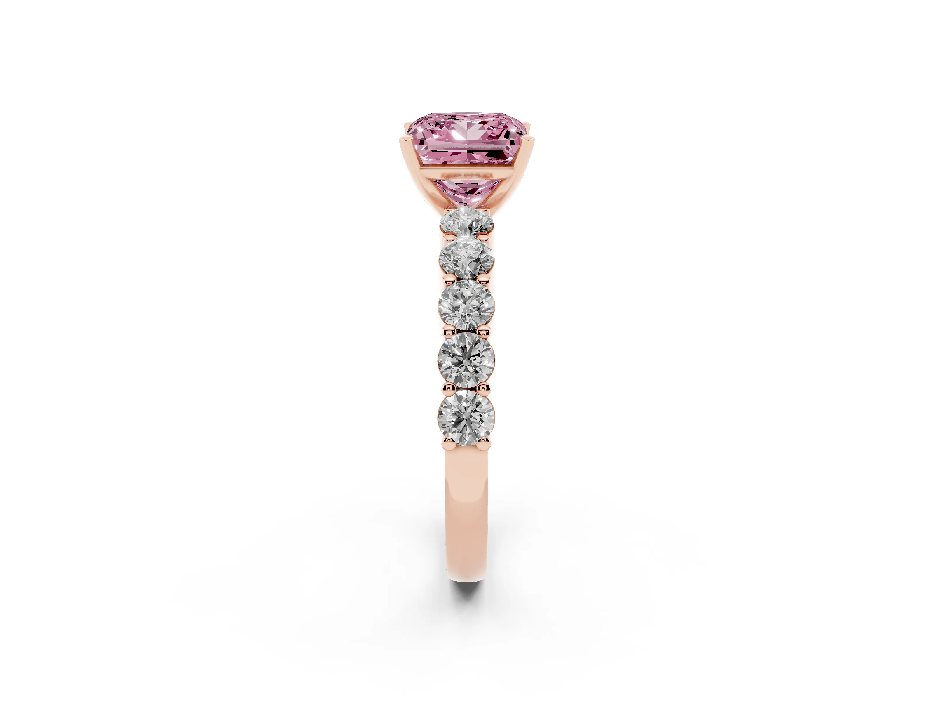 Fancy Pink Princess Cut Diamond Solitaire Ring Set in Rose gold with Shared Prong Round Side Stones