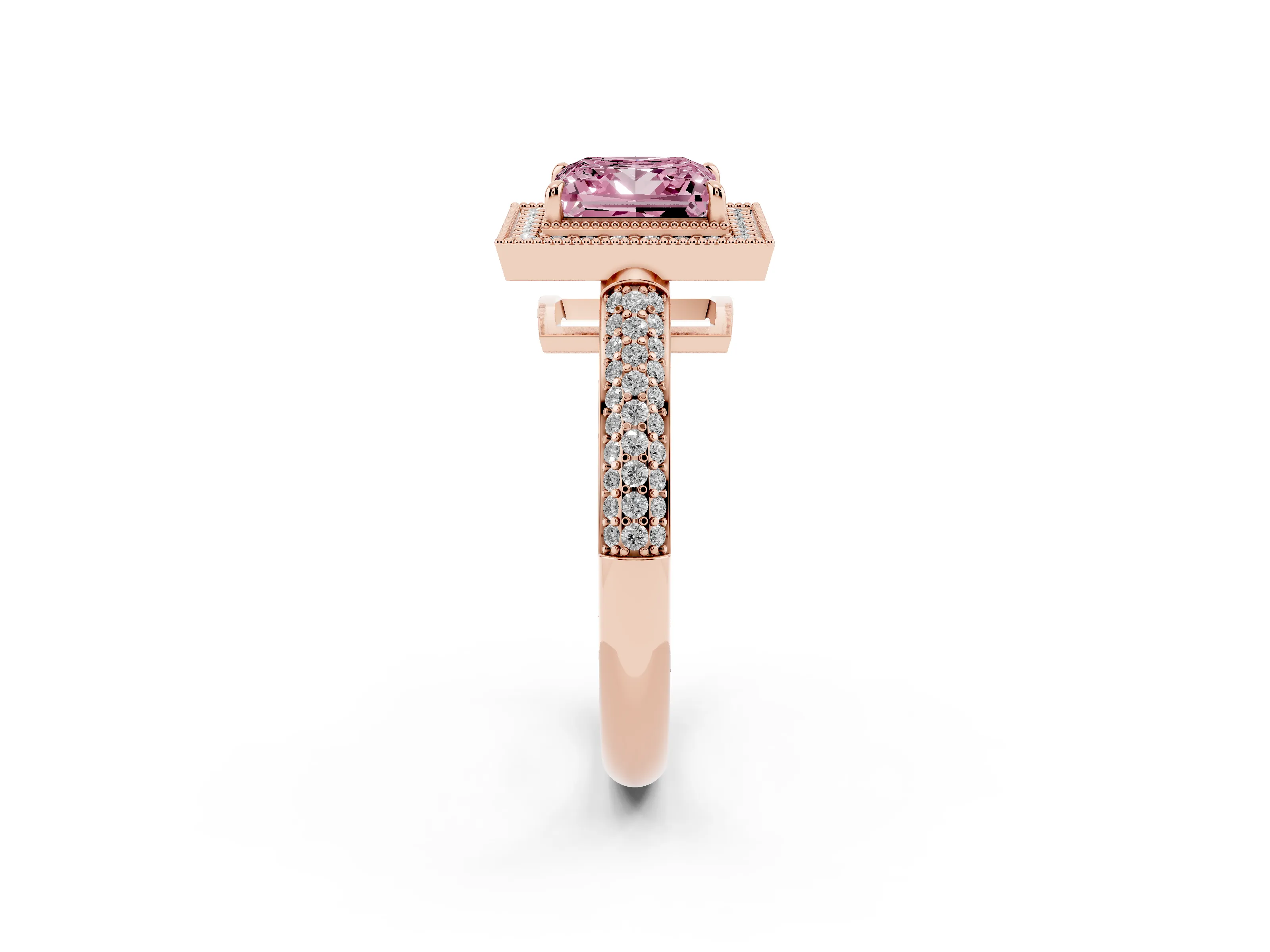 Fancy Pink Princess Cut Diamond Halo Pavé Band Set in Rose gold with Prong Setting