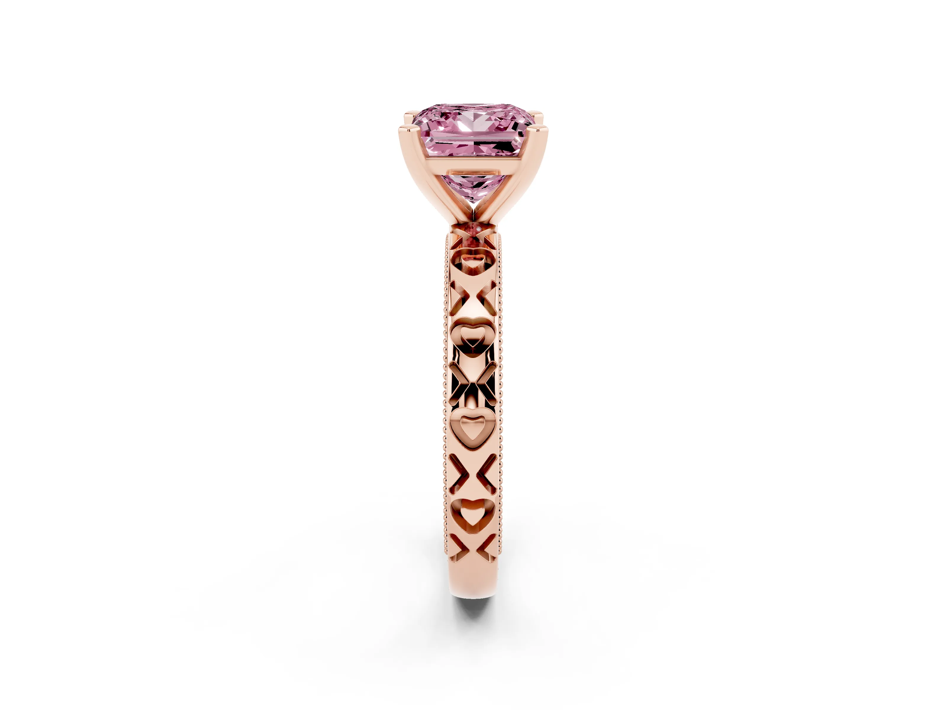 Fancy Pink Princess Cut Diamond Solitaire Engagement Ring Set in Rose gold with XO Engraved Band and Prong Setting