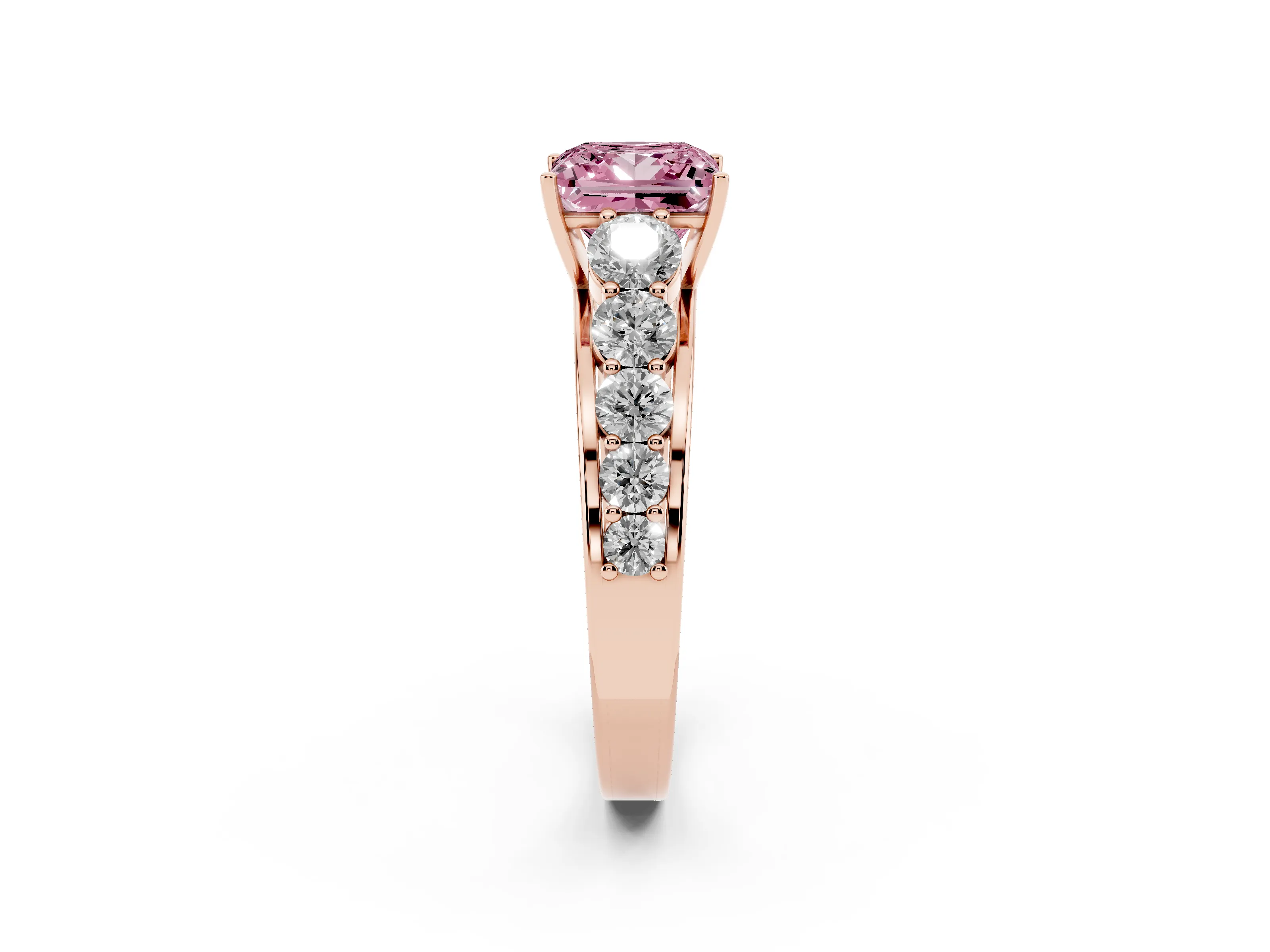 Fancy Pink Princess Cut Diamond Solitaire Ring Set in Rose gold with Pavé-Set Band and Prong Setting