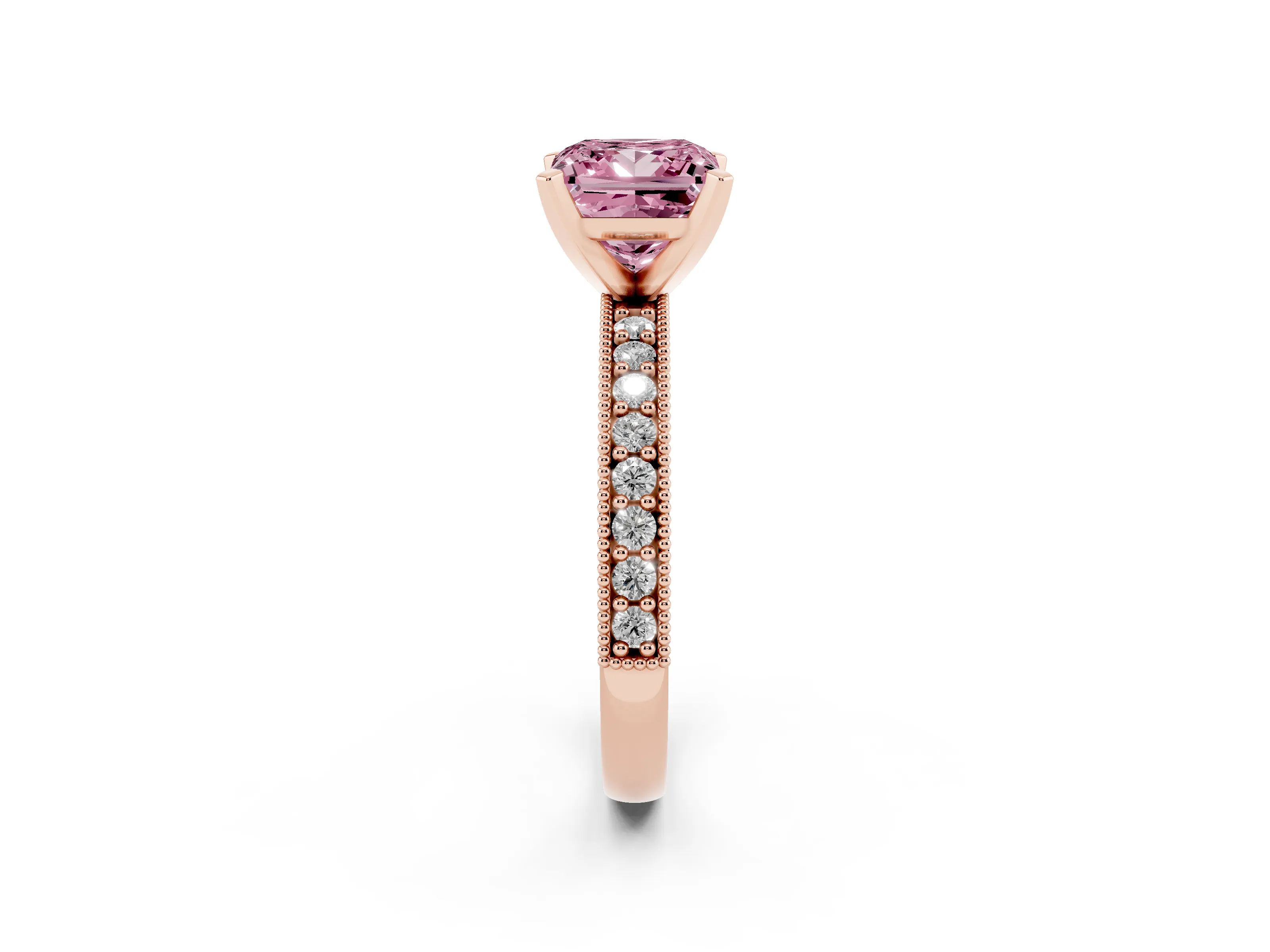 Fancy Pink Princess Cut Diamond Milgrain Pavé Engagement Ring Set in Rose gold with Prong Setting
