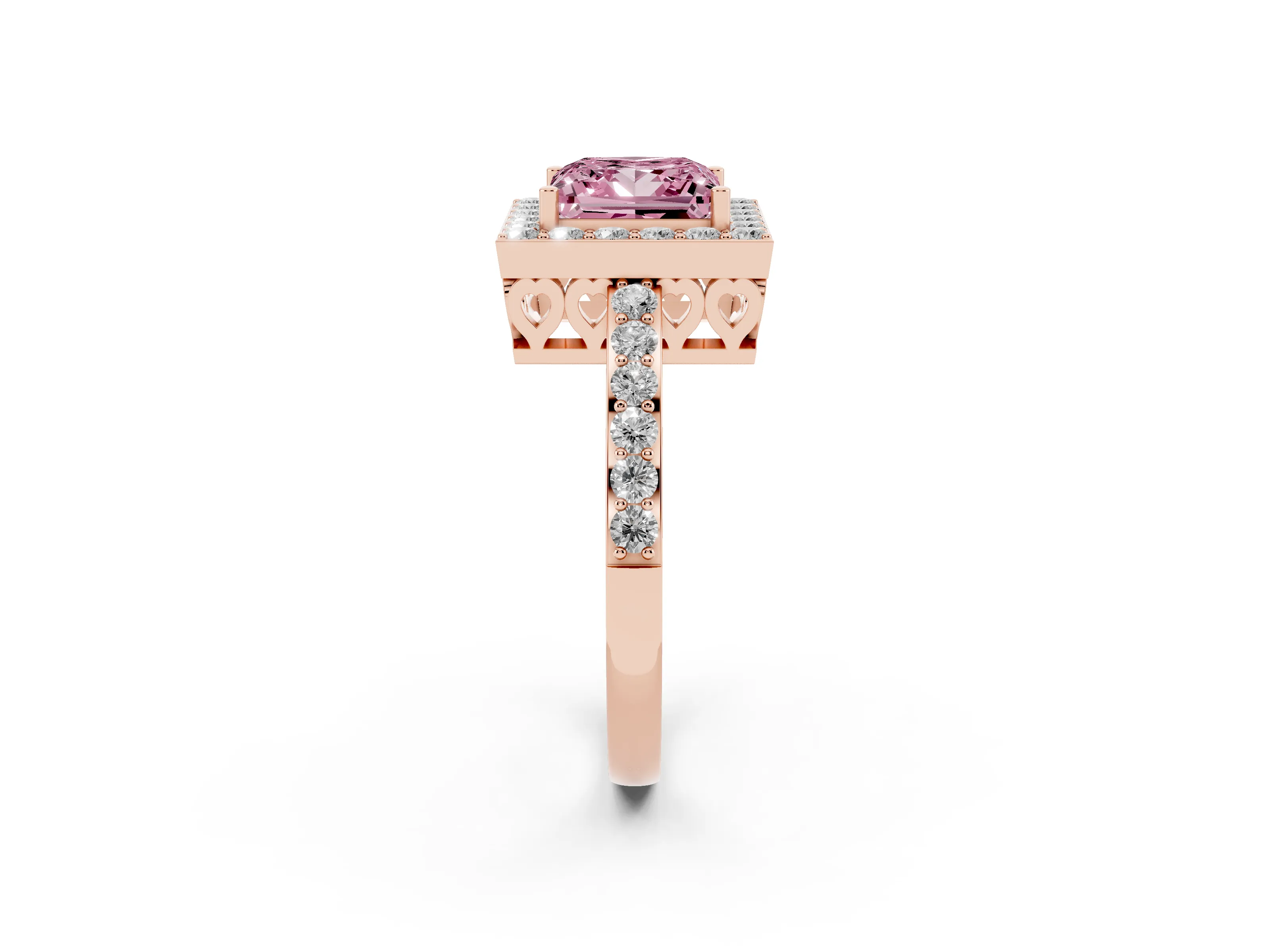 Fancy Pink Princess Cut Diamond Halo Ring Set in Rose gold with Pavé-Setting Band and Open Prong Center