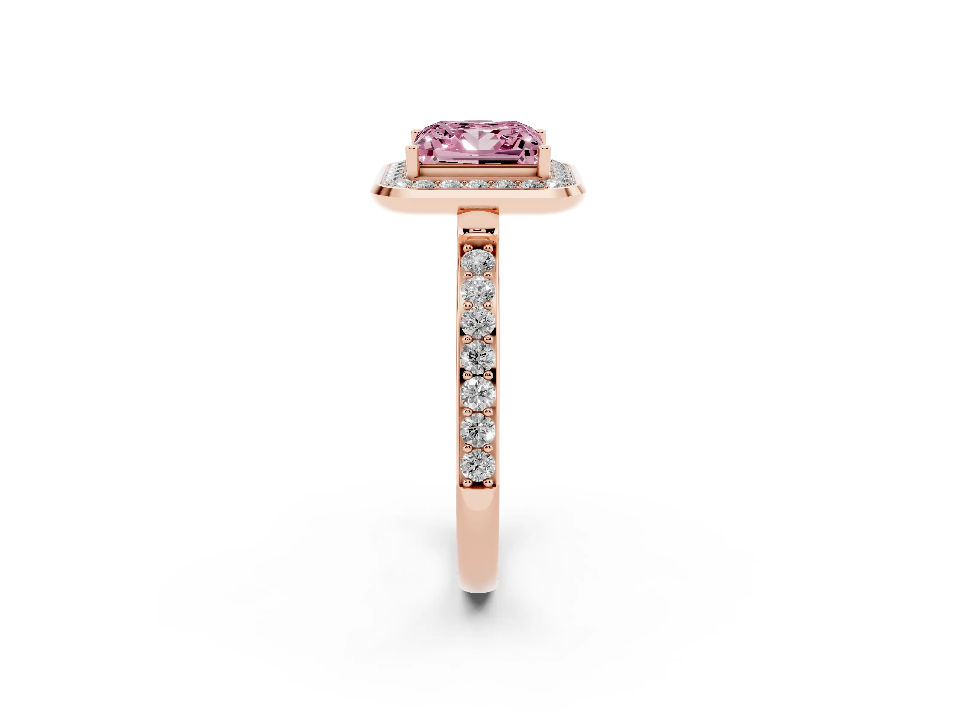 Fancy Pink Princess Cut Diamond Halo Ring Set in Rose gold with Bezel Frame and Pavé Band