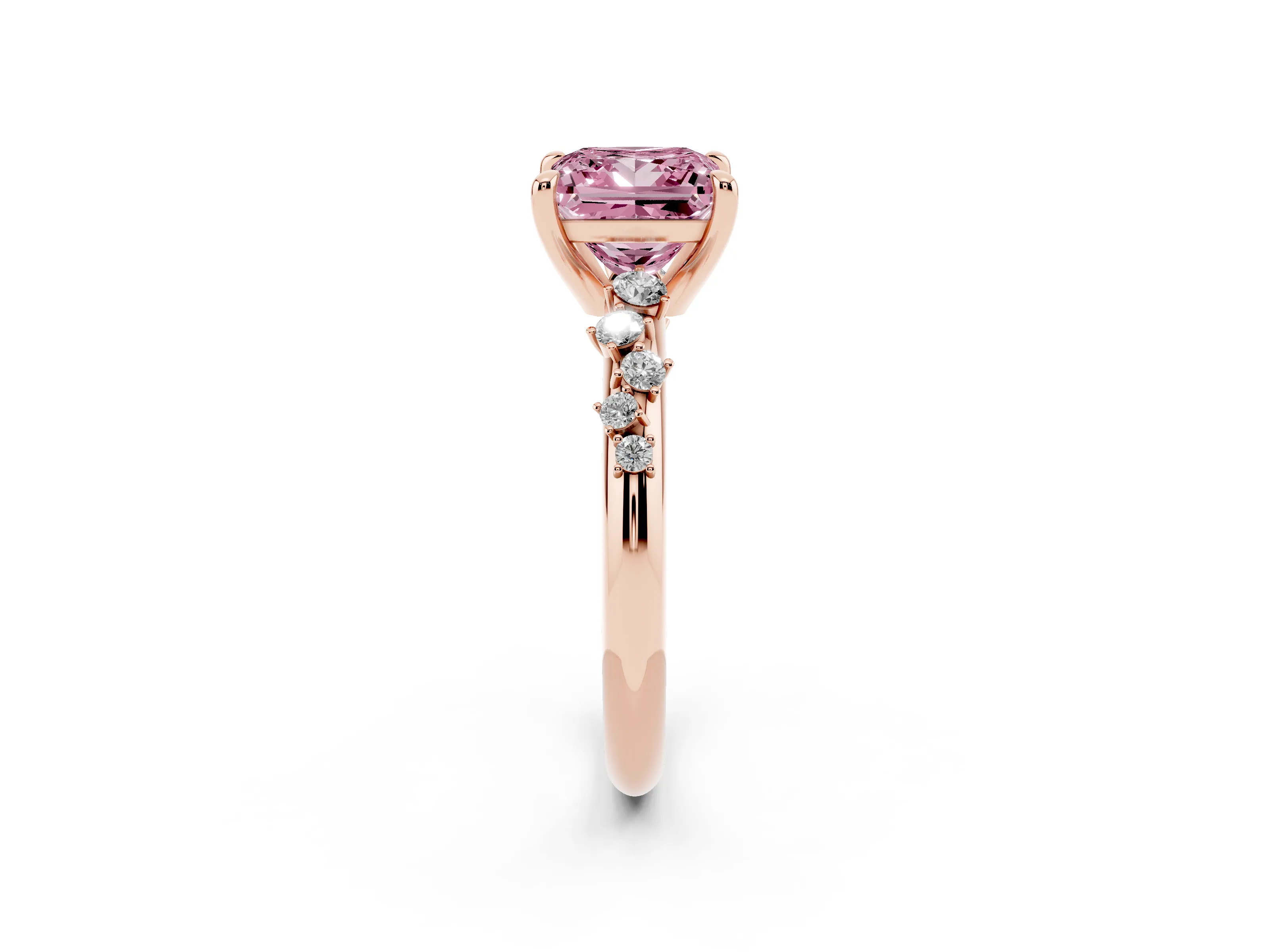 Fancy Pink Princess Cut Diamond Solitaire Vine Band Ring Set in Rose gold with Round Accents and Prong Setting