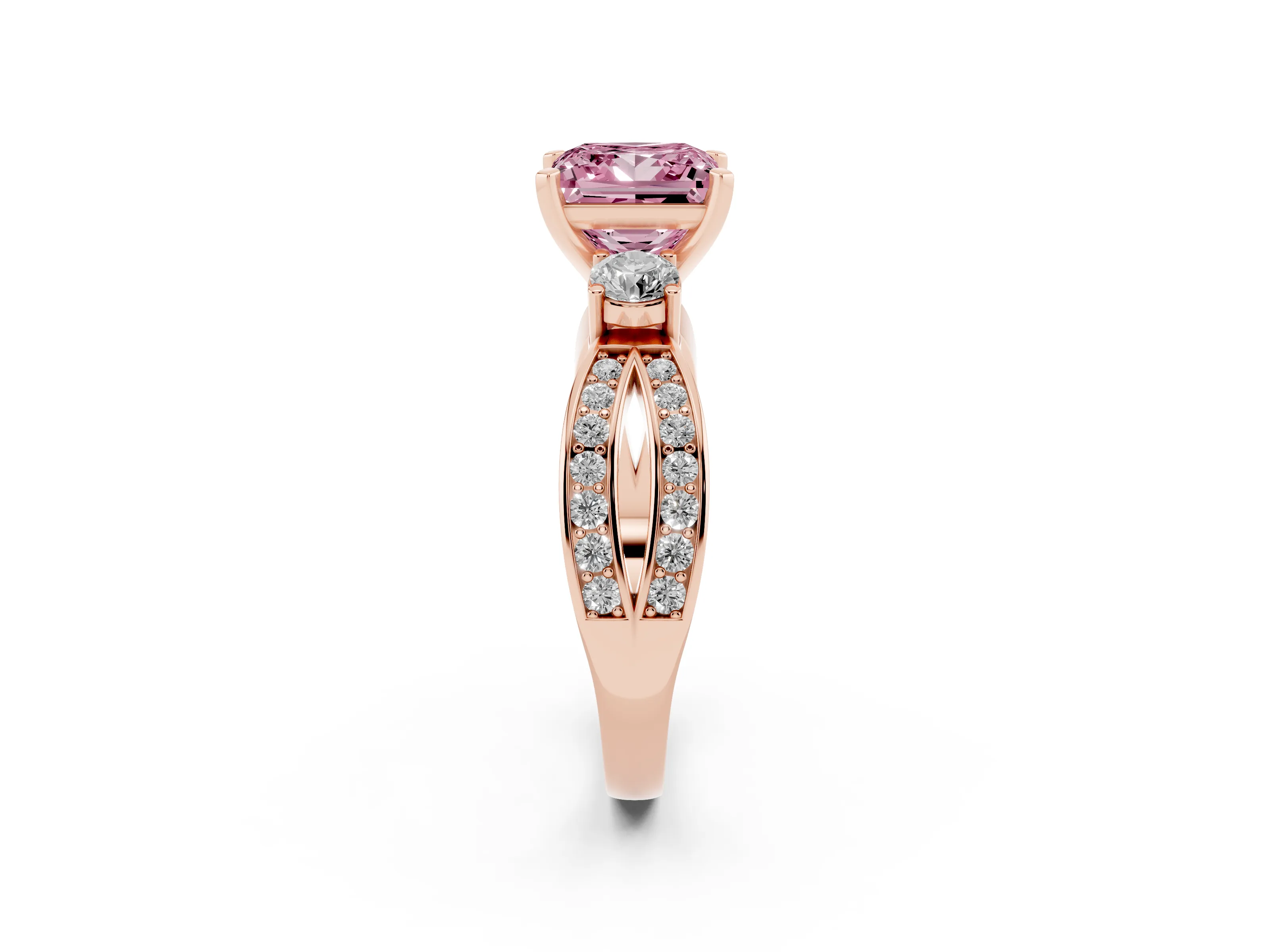 Fancy Pink Three-Stone Princess Cut Diamond Twist Band Ring Set in Rose gold with Pavé Accents and Prong Setting