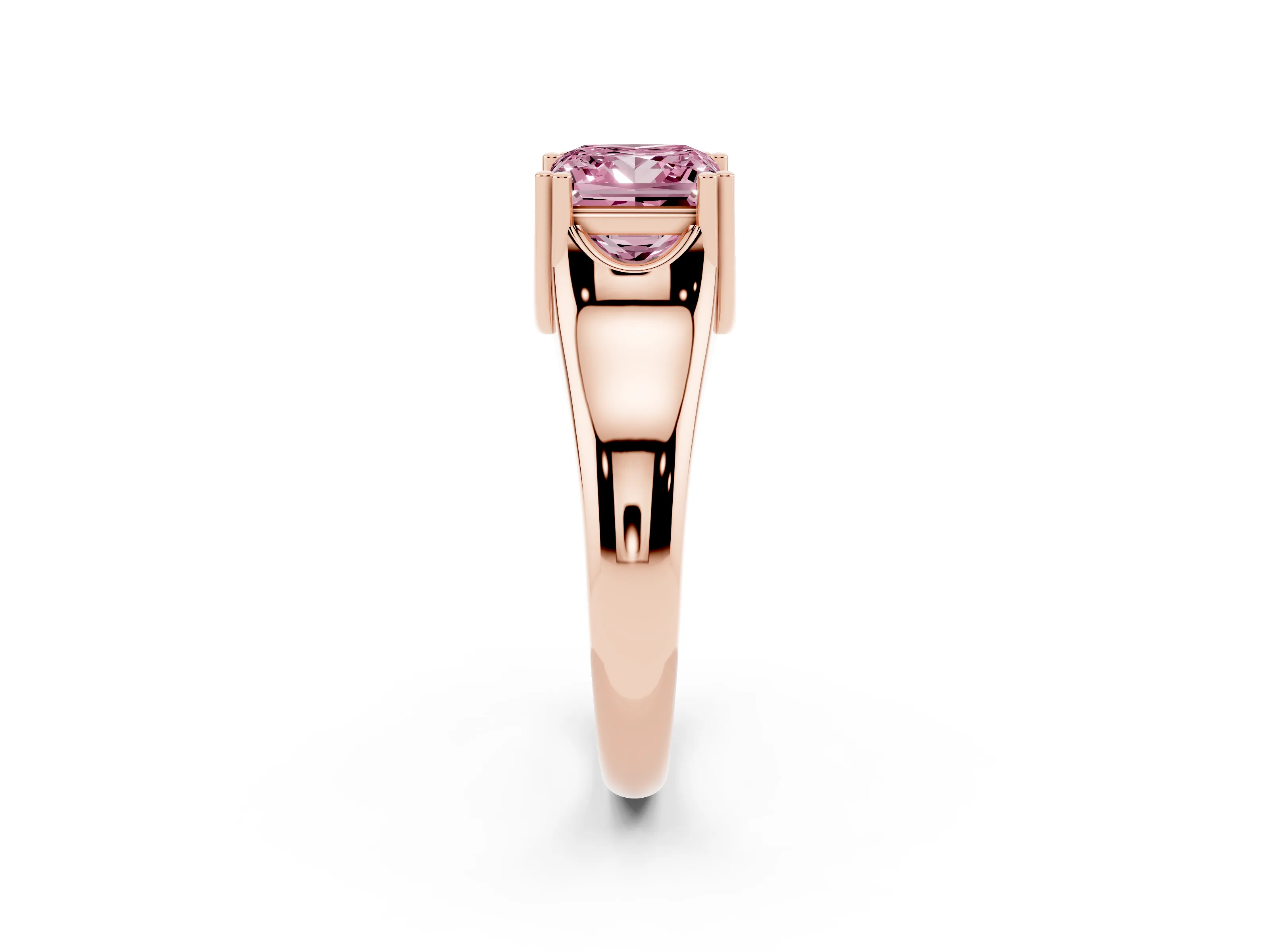 Fancy Pink Princess Cut Diamond Solitaire Ring Set in Rose gold with Wide Band and Prong Setting