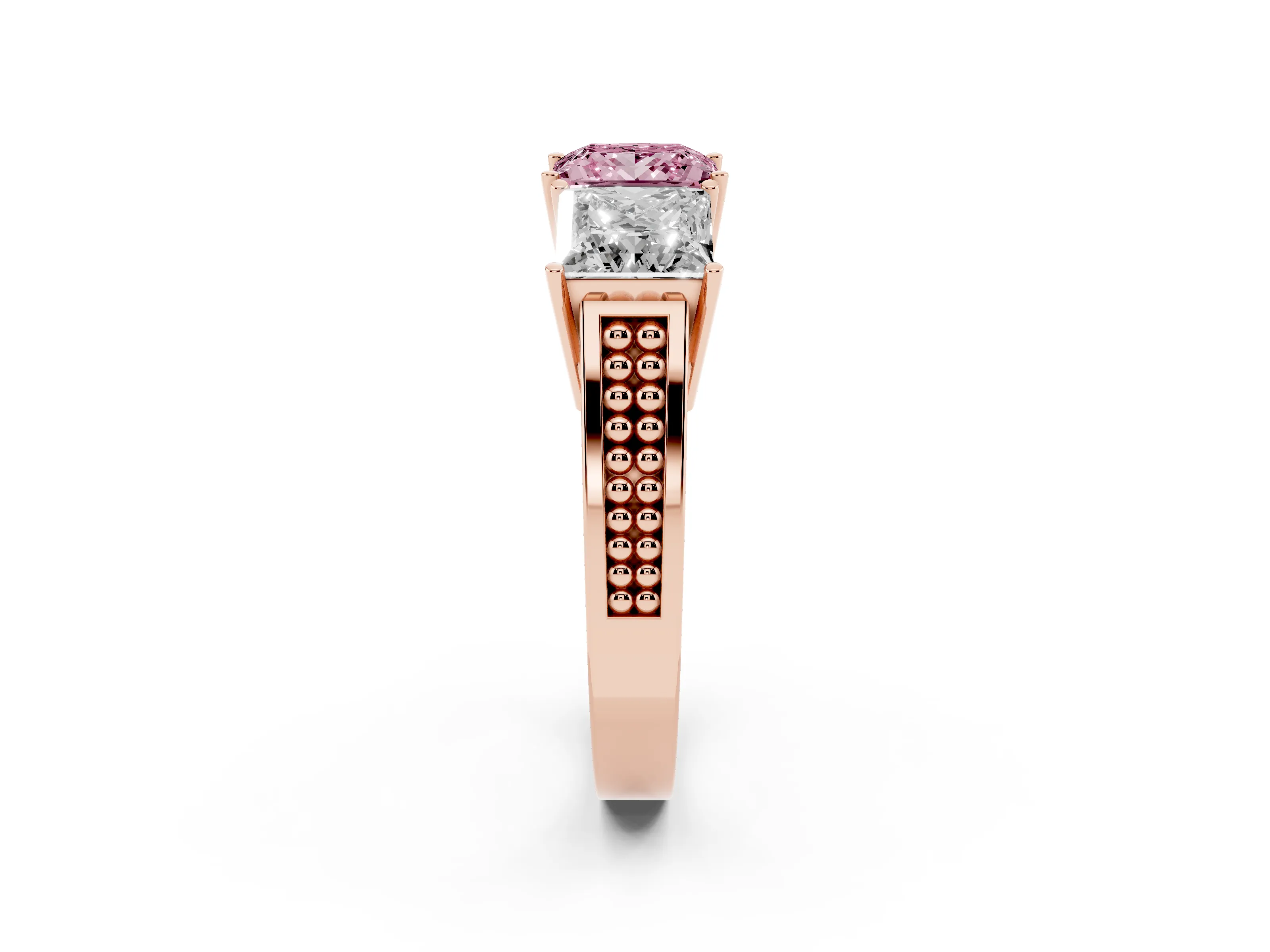 Fancy Pink Princess Cut Diamond Three-Stone Ring Set in Rose gold with Textured Band