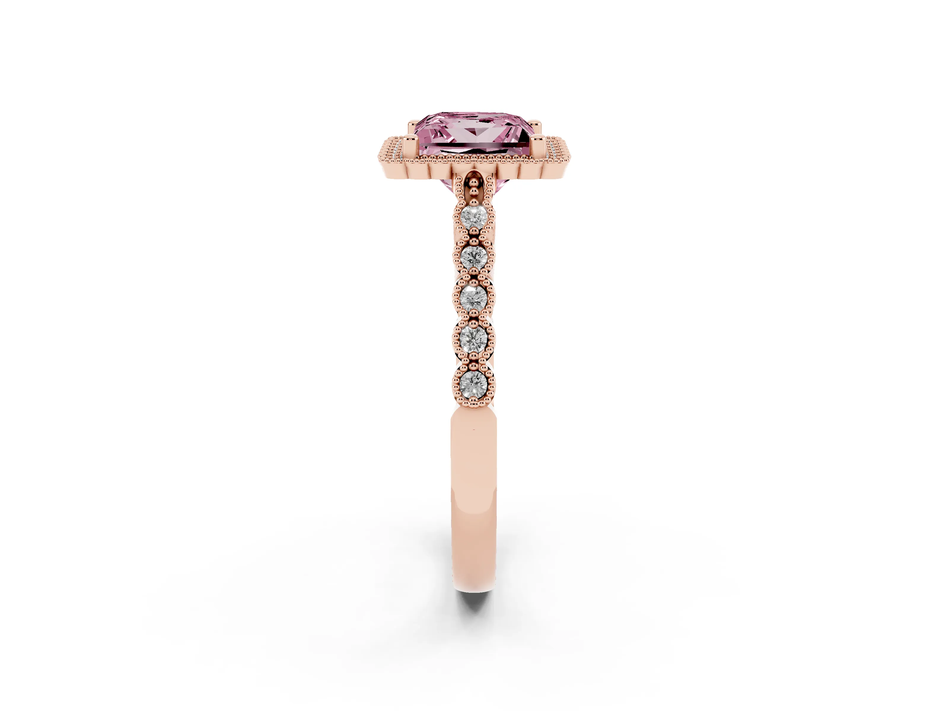 Fancy Pink Princess Cut Diamond Halo Ring Set in Rose gold with Pavé Milgrain Band