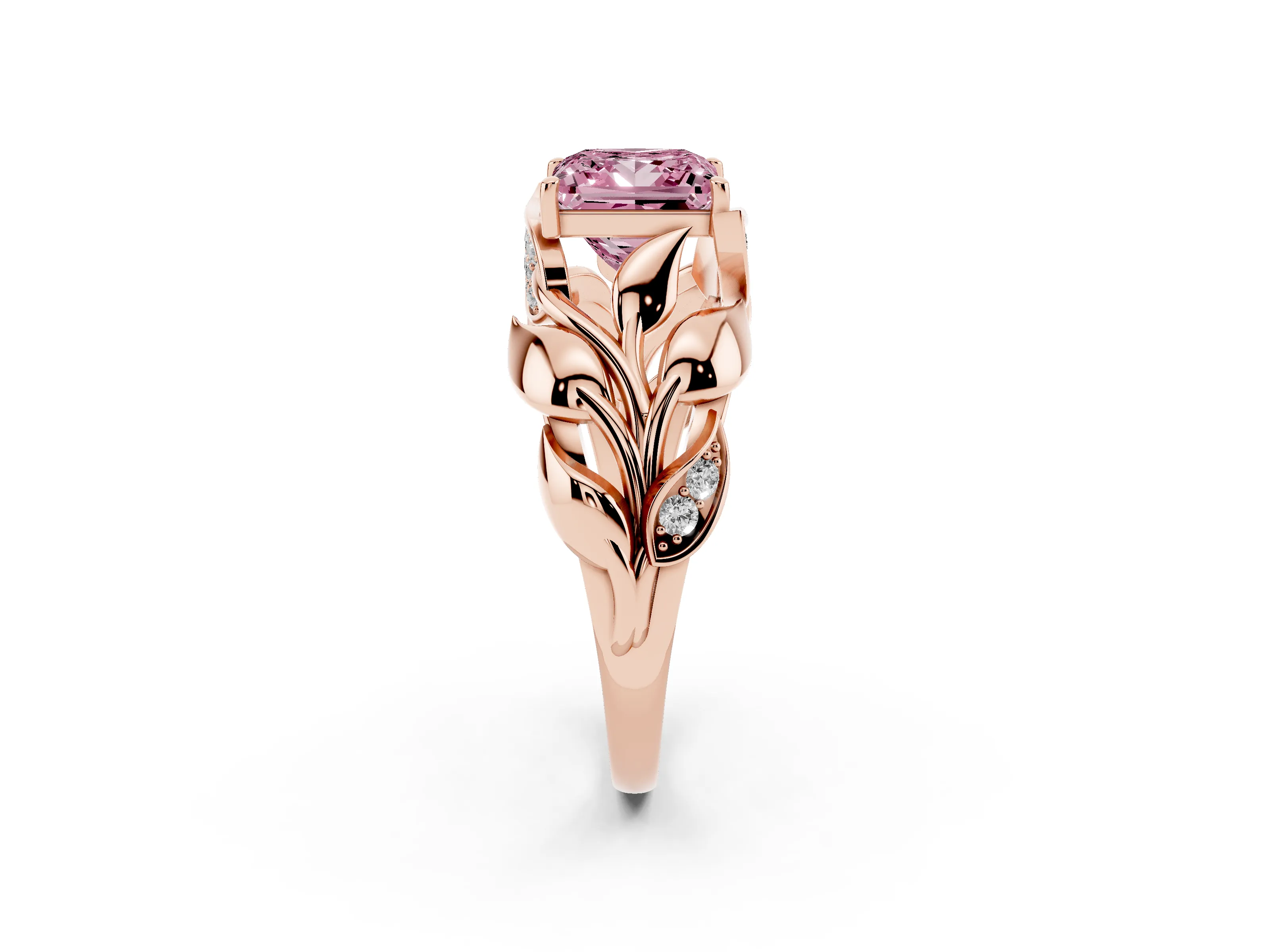 Fancy Pink Princess Cut Diamond Leaf-Inspired Engagement Ring Set in Rose gold with Round Accents