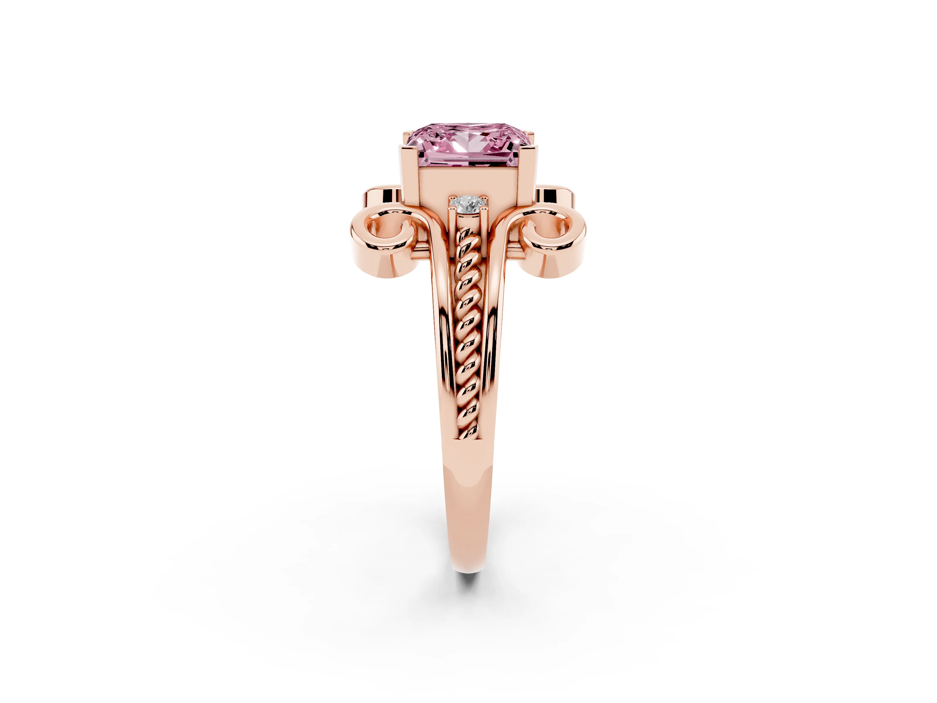 Fancy Pink Princess Cut Diamond Twisted Band Solitaire Ring Set in Rose gold with Scroll Prongs