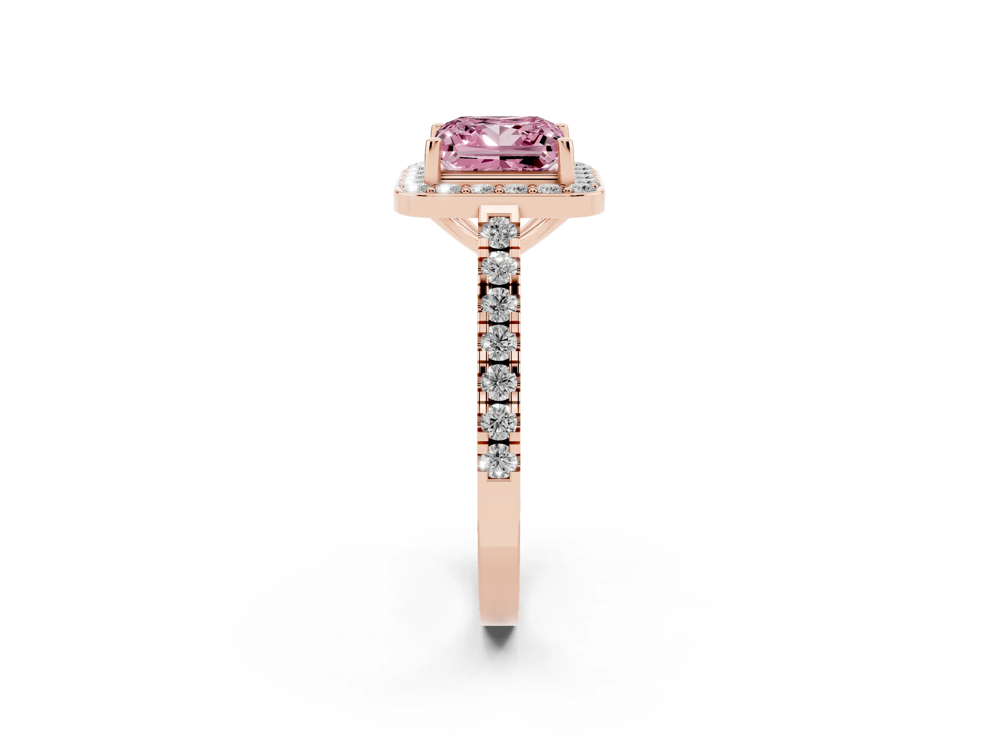 Fancy Pink Princess Cut Diamond Halo Ring Set in Rose gold with Round Pavé Split Shank and Prong Setting