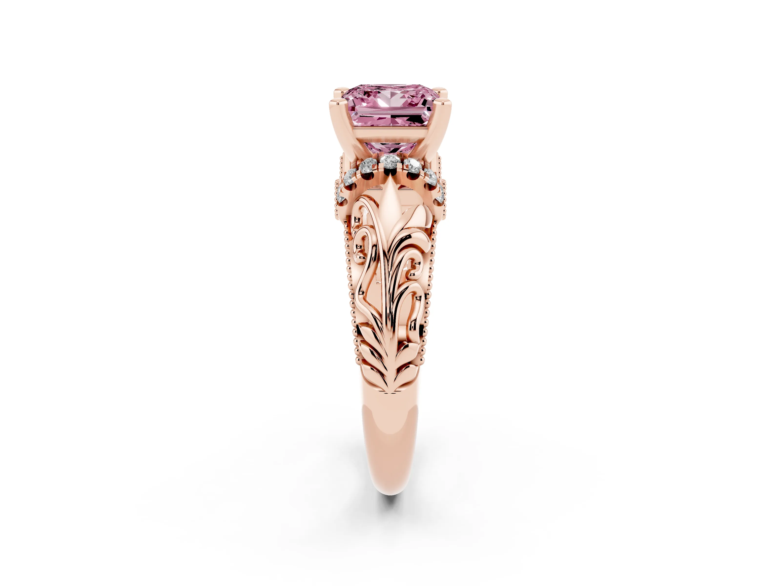 Fancy Pink Princess Cut Diamond Filigree Halo Engagement Ring Set in Rose gold with Prong Setting