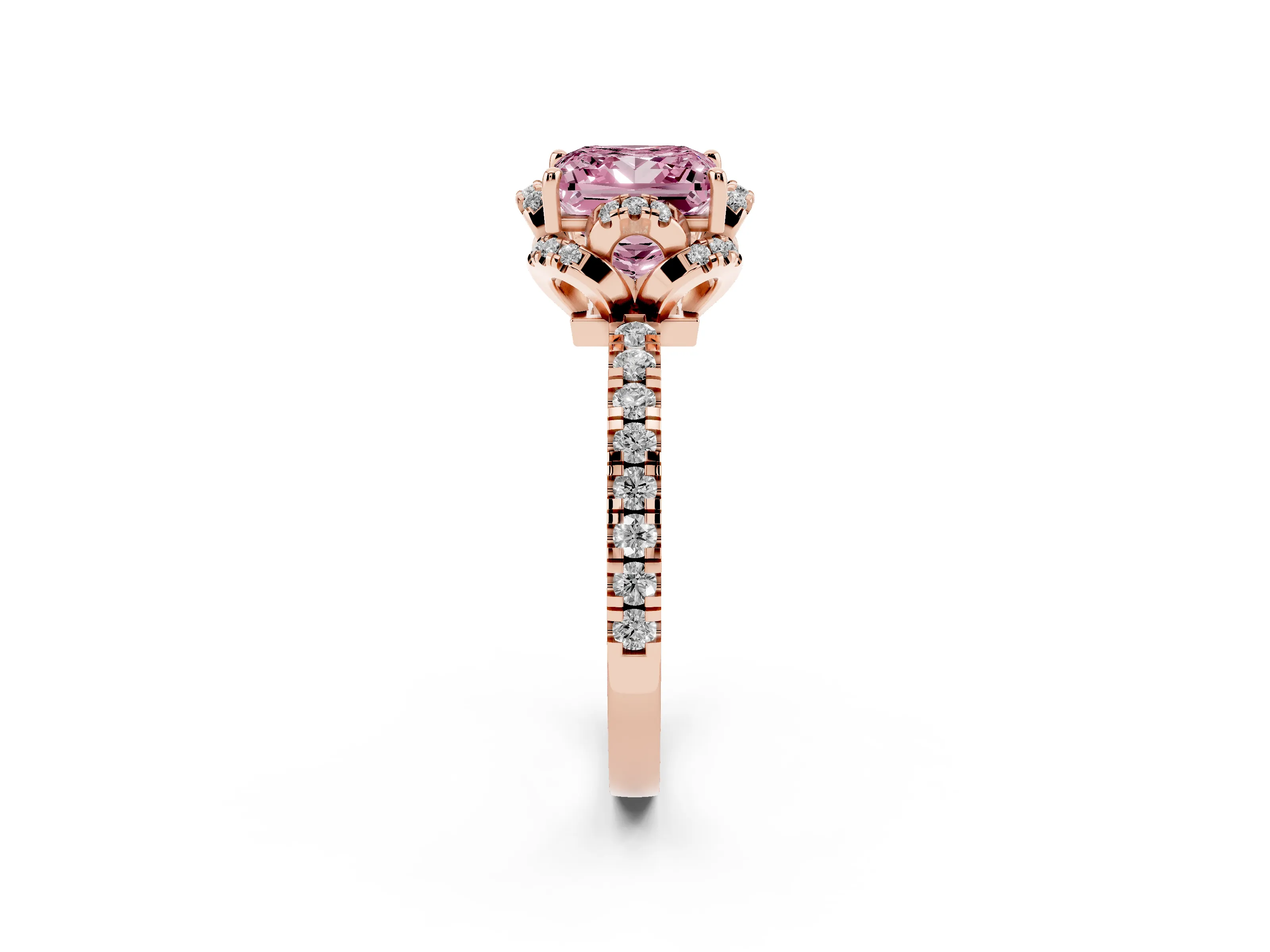 Fancy Pink Princess Cut Diamond Halo Pavé Band Ring Set in Rose gold with Prong-Held Center
