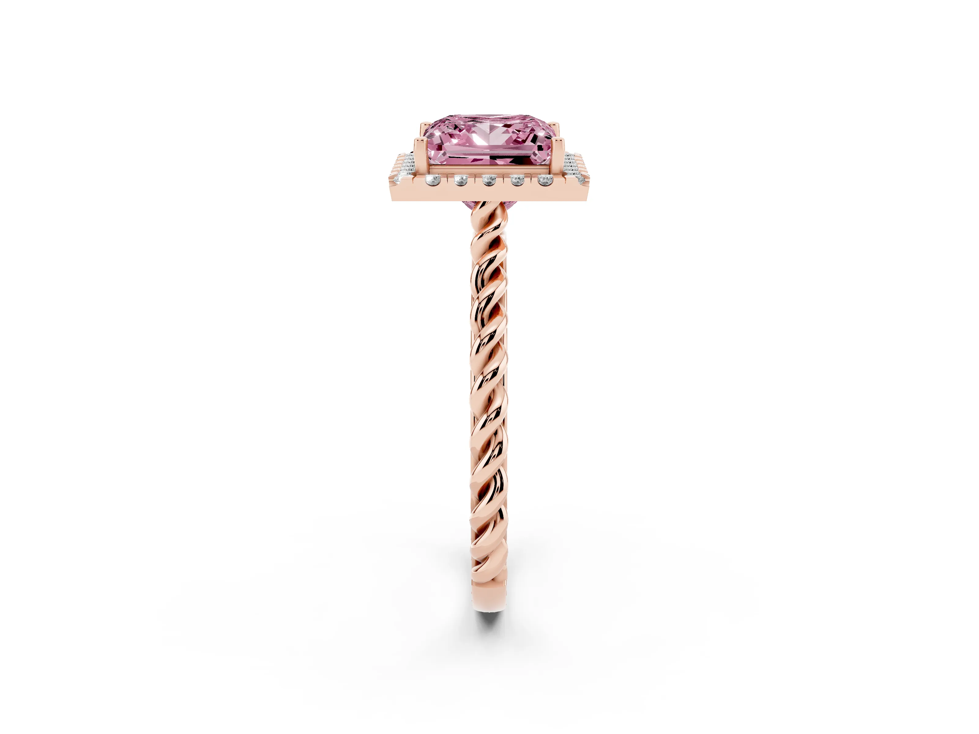 Fancy Pink Princess Cut Diamond Halo Ring Set in Rose gold with Plain Twisted Band