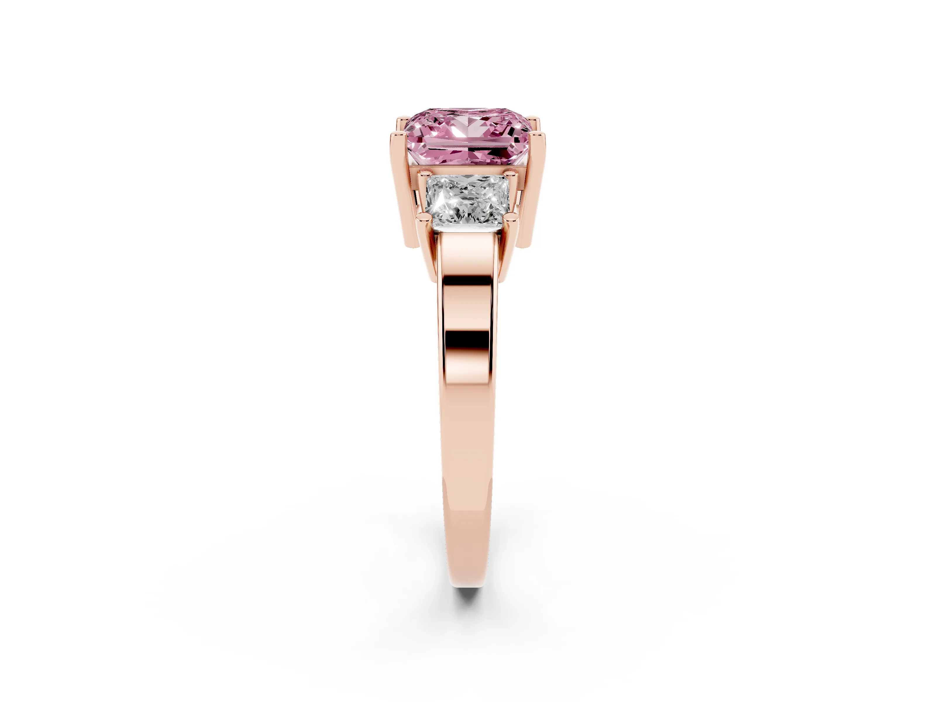 Fancy Pink Three-Stone Princess Cut Diamond Solitaire Ring Set in Rose gold with Prong Setting