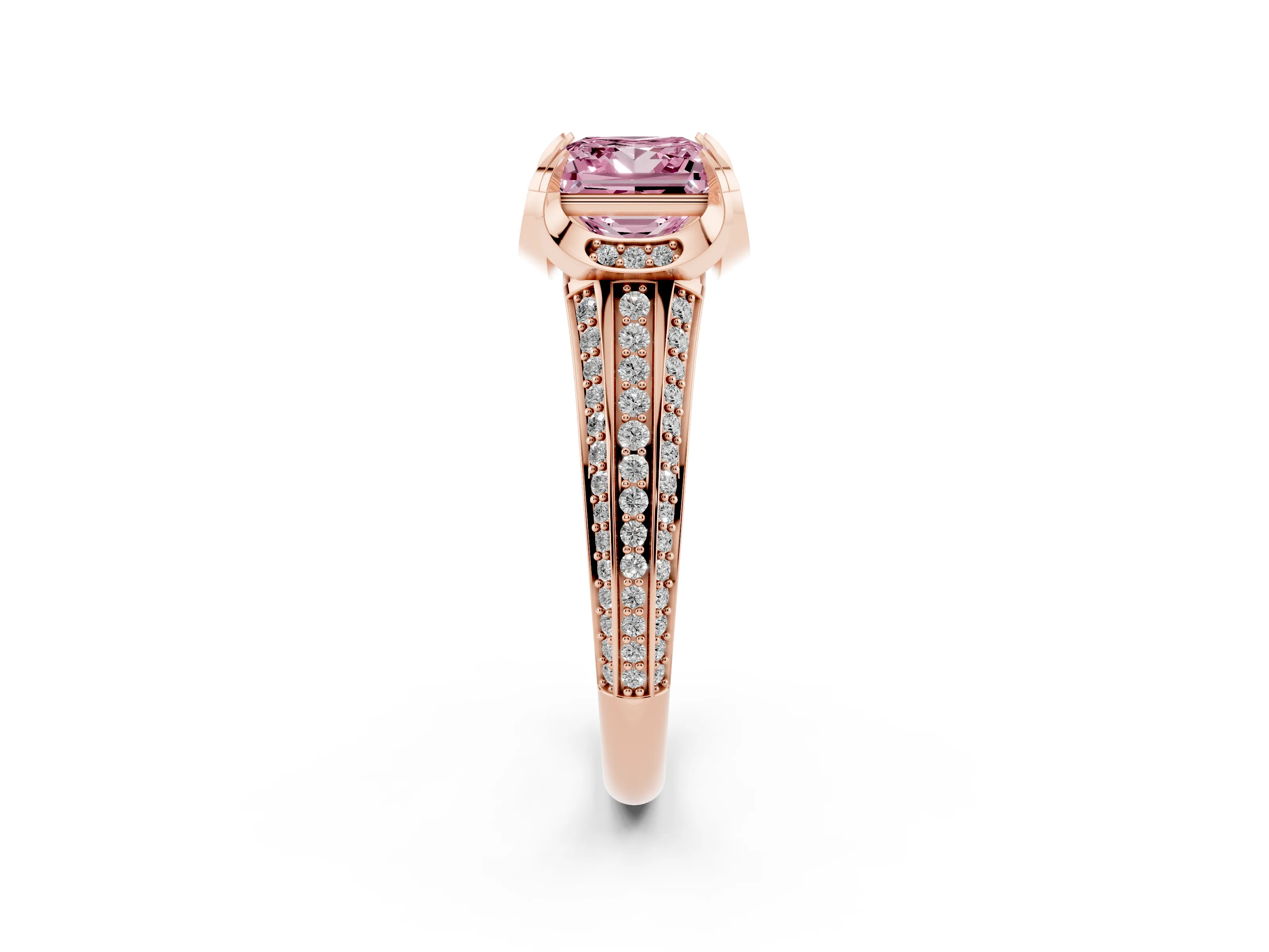 Fancy Pink Princess Cut Diamond Pavé Split Shank Solitaire Ring Set in Rose gold with Prong Setting