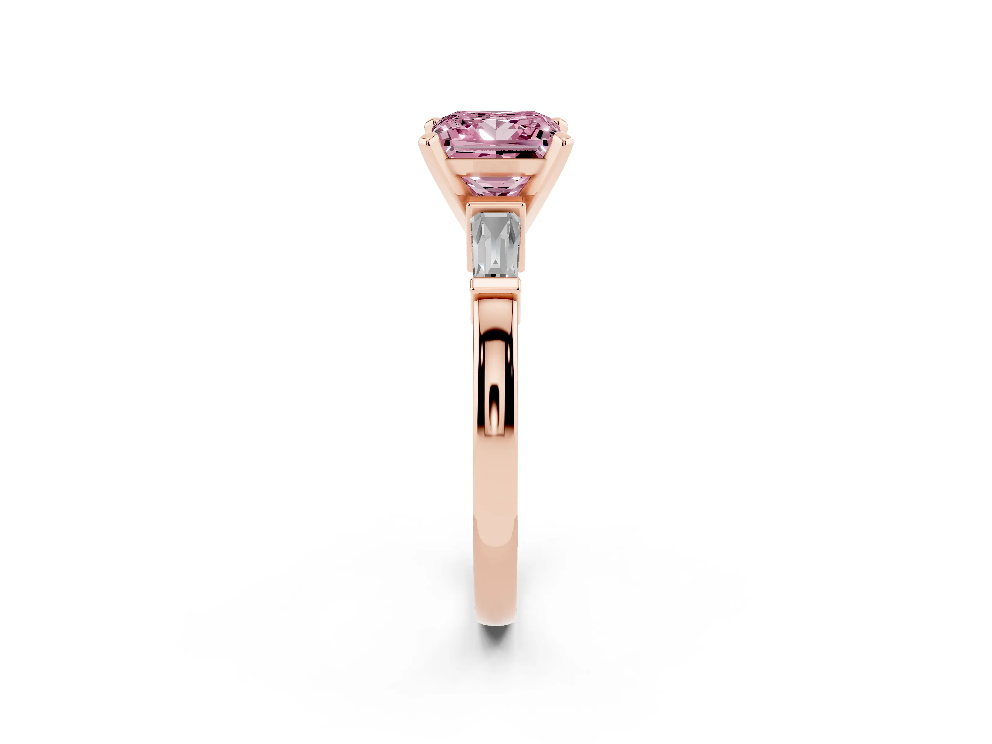 Fancy Pink Princess Cut Diamond Solitaire Ring Set in Rose gold with Tapered Baguette Accents and Prong Setting