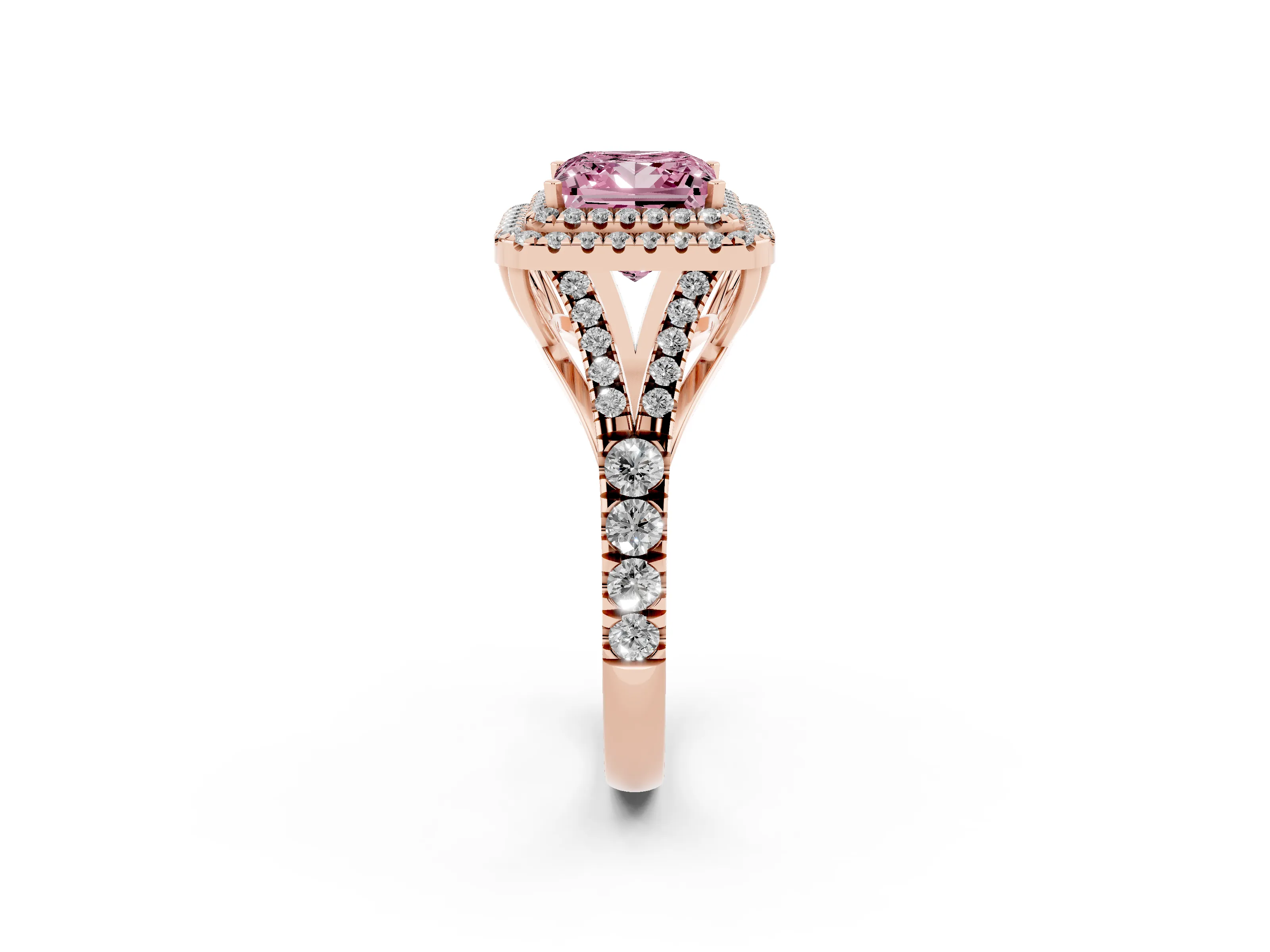 Fancy Pink Princess Cut Diamond Pavé Split Shank Double Halo Engagement Ring Set in Rose gold