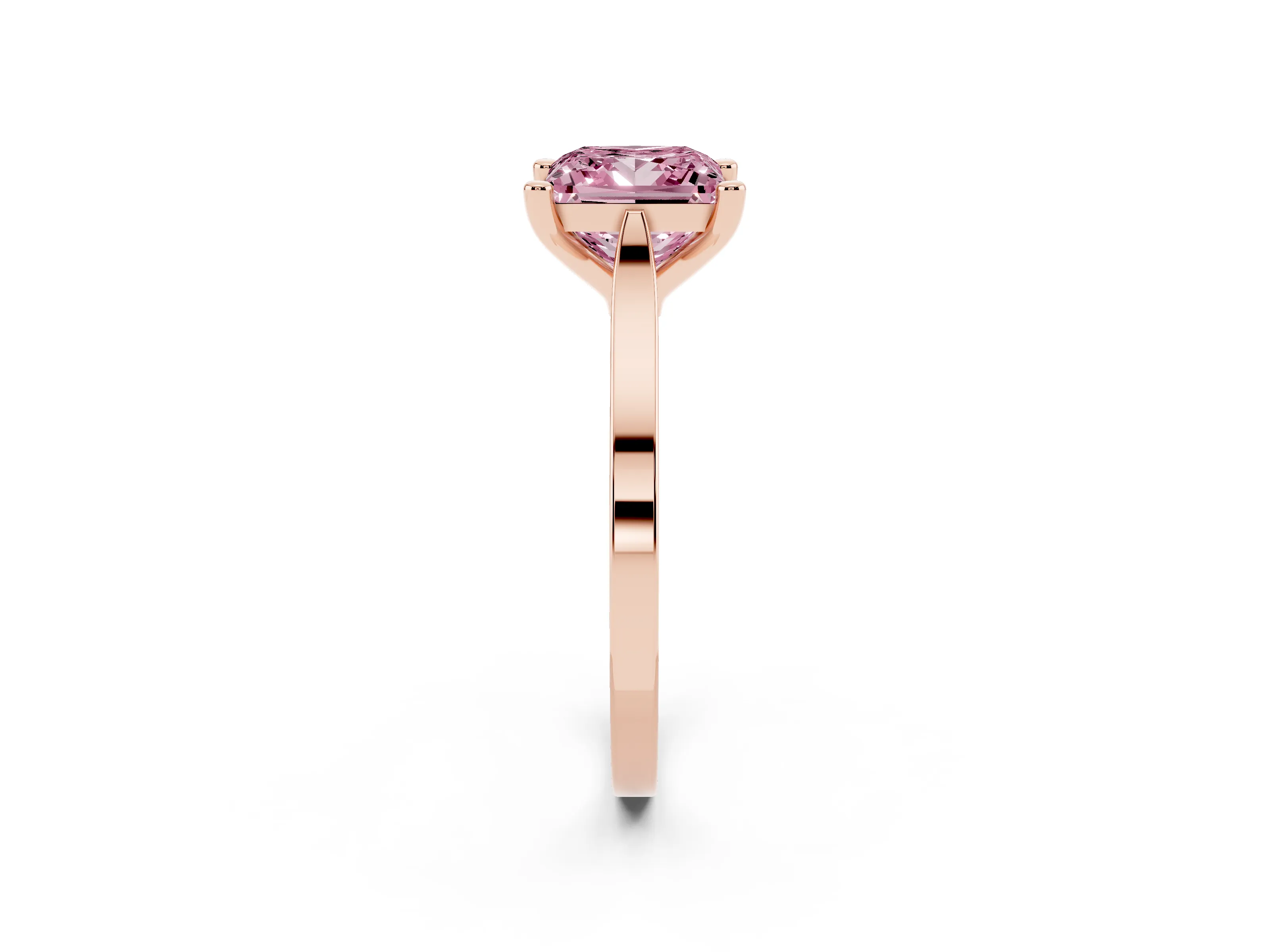 Fancy Pink Princess Cut Diamond Solitaire Ring Set in Rose gold with Prong Setting and Tapered Band