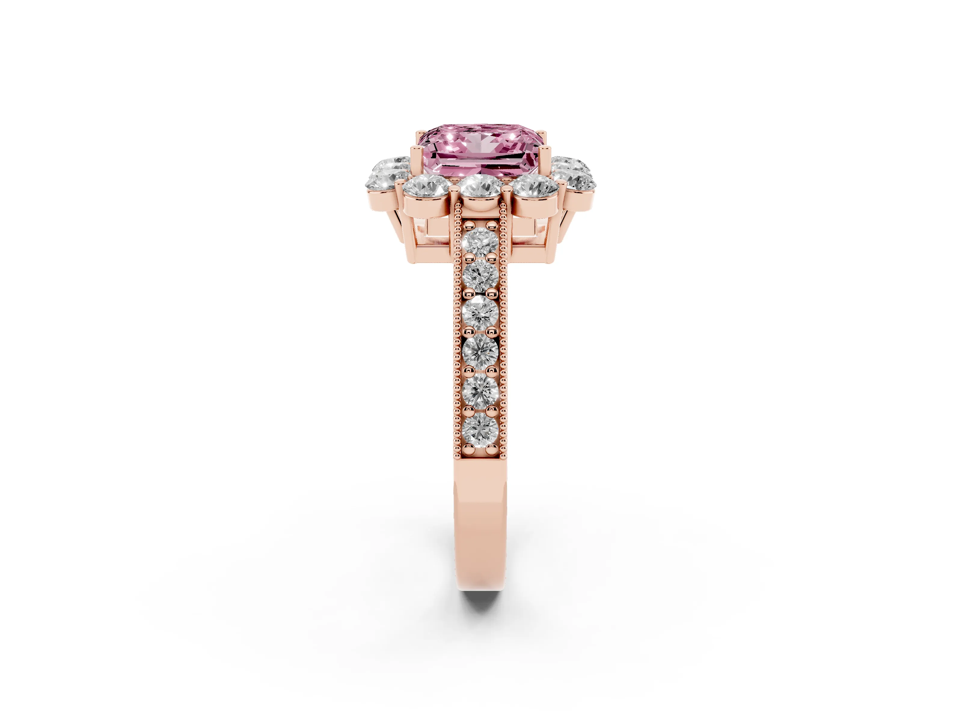 Fancy Pink Princess Cut Diamond Halo Pavé Engagement Ring Set in Rose gold with Milgrain Detailing