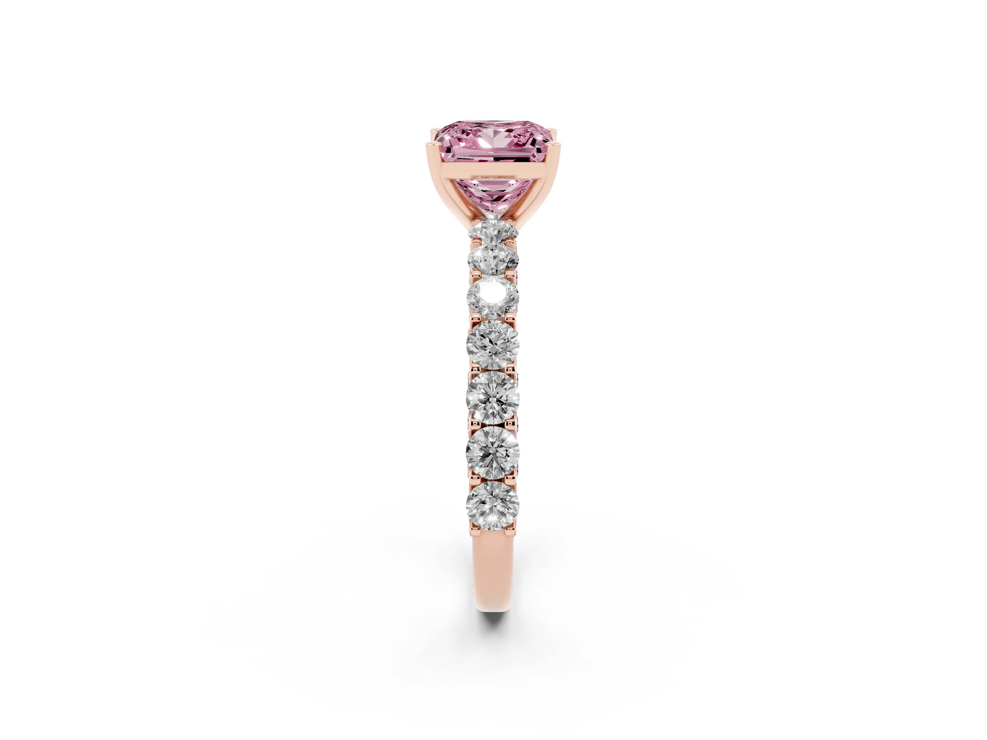 Fancy Pink Princess Cut Diamond Solitaire Ring Set in Rose gold with Shared Prong Pavé Band