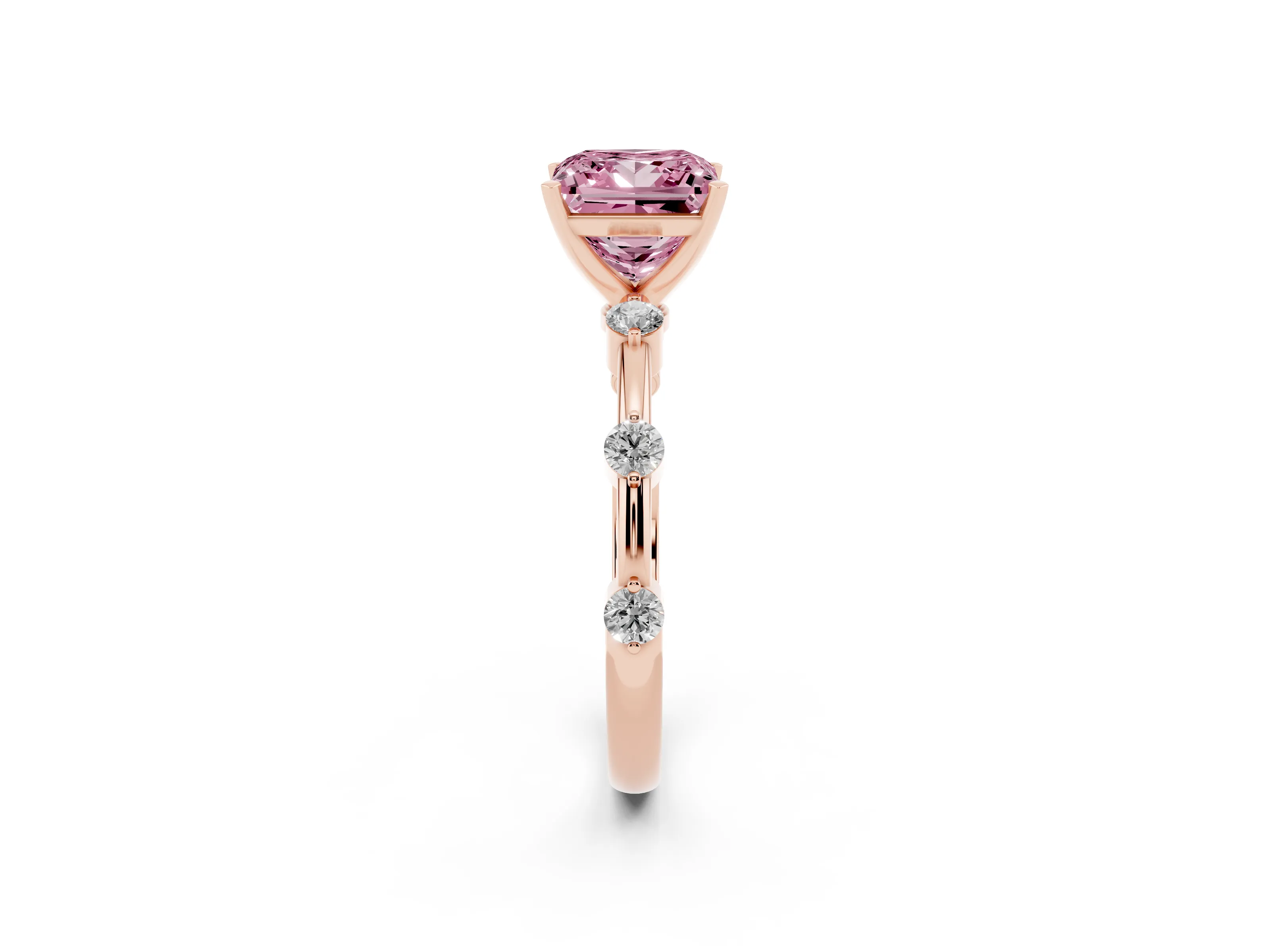 Fancy Pink Princess Cut Diamond Solitaire Ring Set in Rose gold with Bezel Set Side Stones and Prong Setting