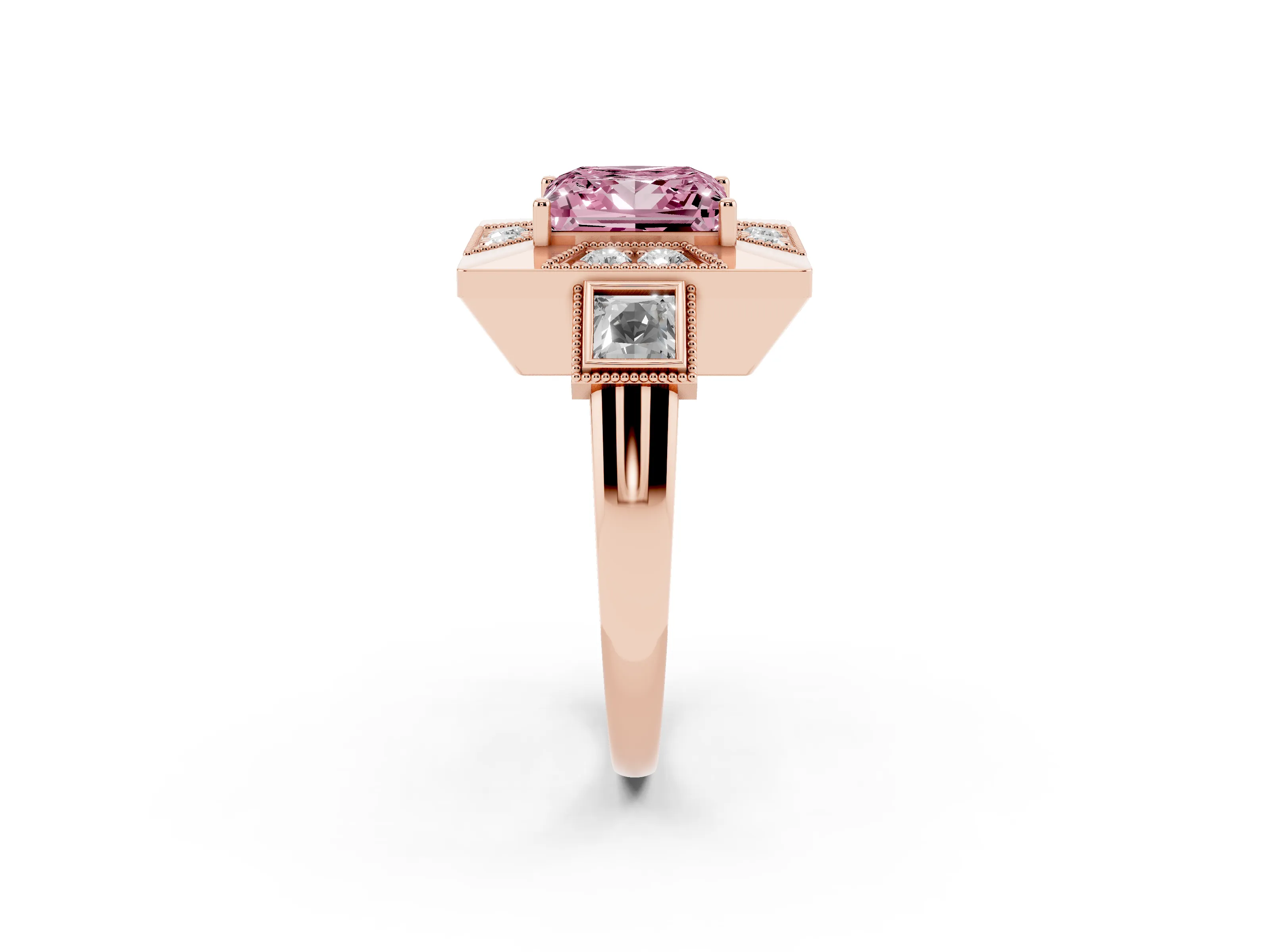 Fancy Pink Princess Cut Diamond Milgrain Halo Ring Set in Rose gold with Split Shank