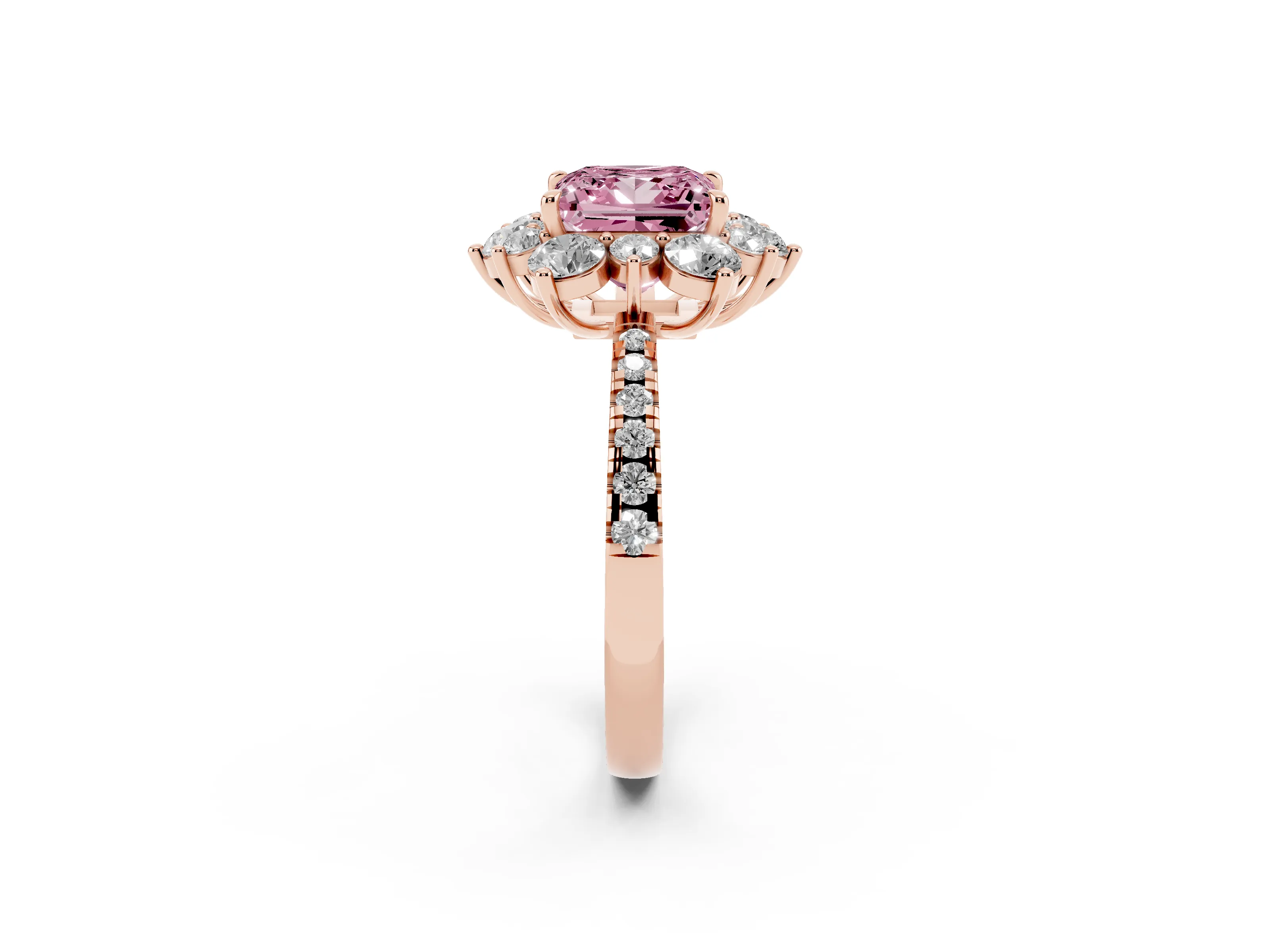 Fancy Pink Princess Cut Diamond Floral Halo Ring Set in Rose gold with Round Pavé Band and Prong Setting