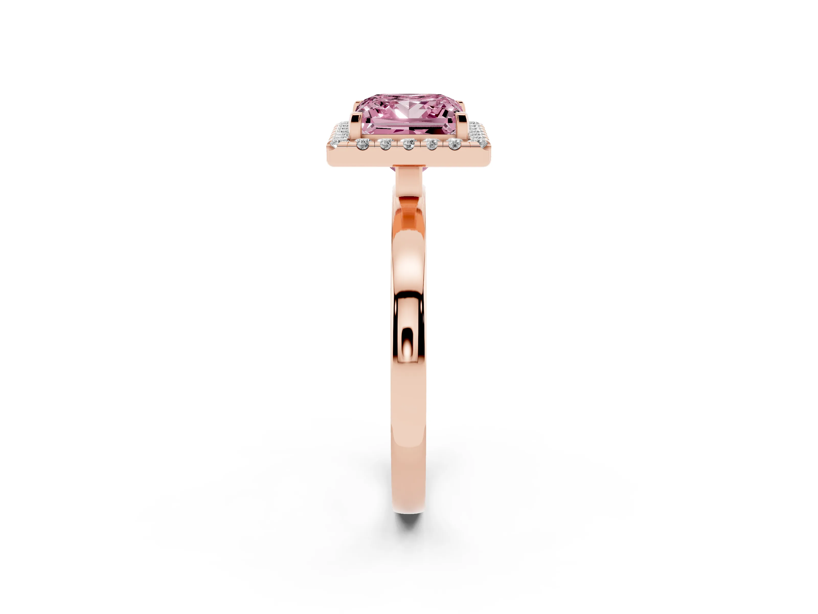 Fancy Pink Princess Cut Diamond Halo Solitaire Ring Set in Rose gold with Pavé Band and Prong Setting
