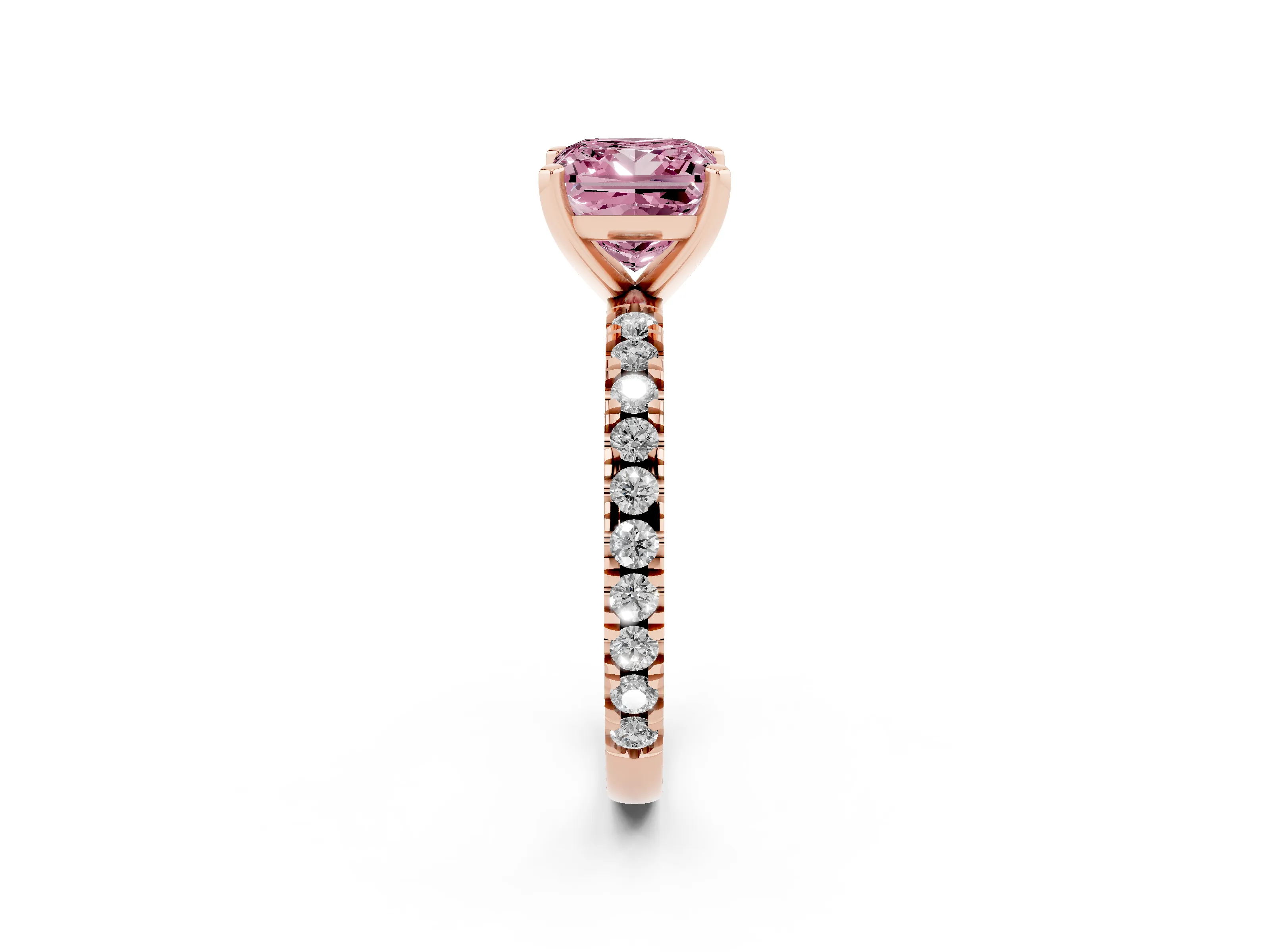 Fancy Pink Princess Cut Diamond Pavé Band Solitaire Set in Rose gold with Prong Setting