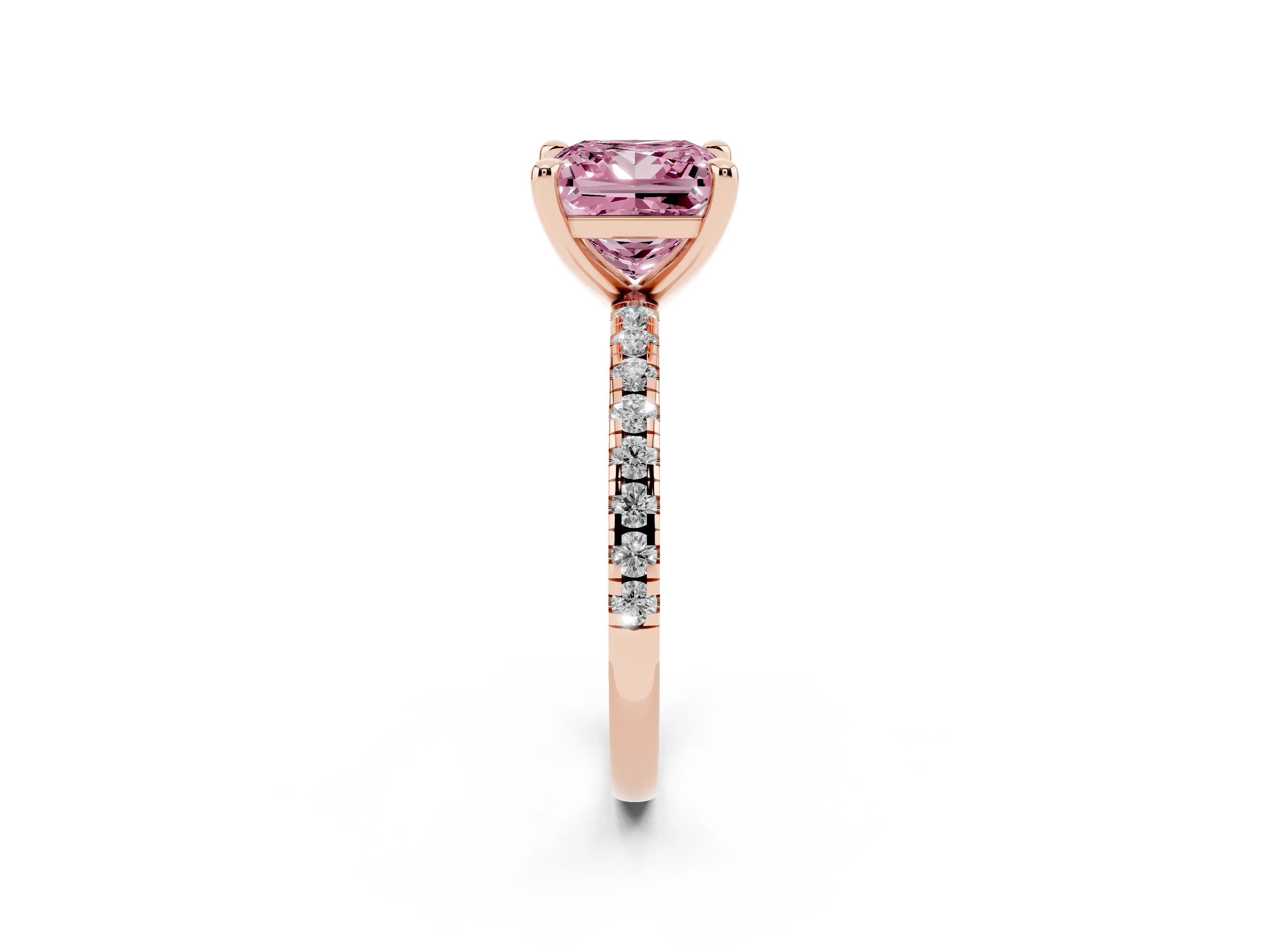 Fancy Pink Princess Cut Diamond Brilliant Solitaire Ring Set in Rose gold with Pavé Band and Prong Setting