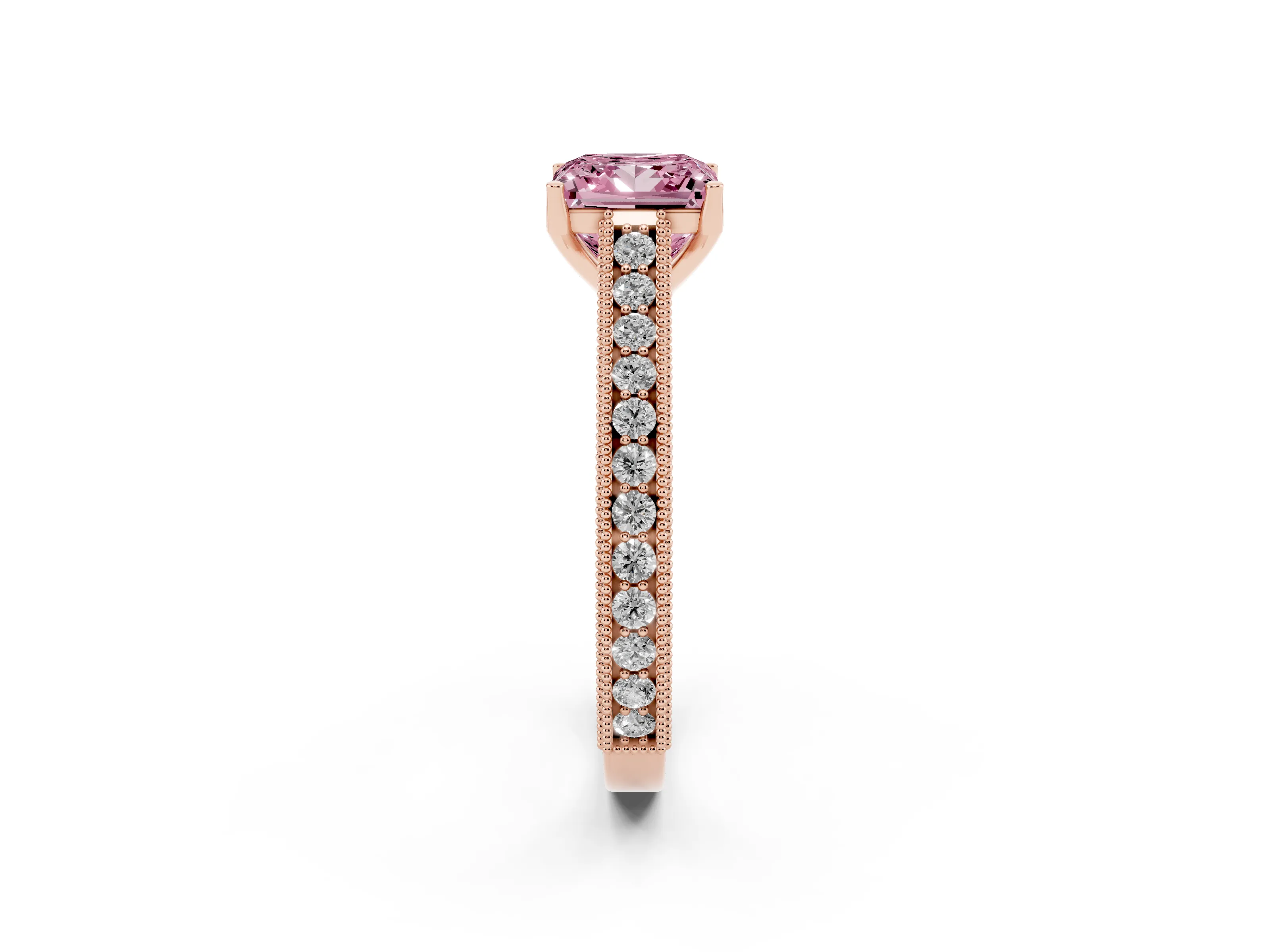 Fancy Pink Princess Cut Diamond Milgrain Pavé Band Solitaire Ring Set in Rose gold with Prong Setting