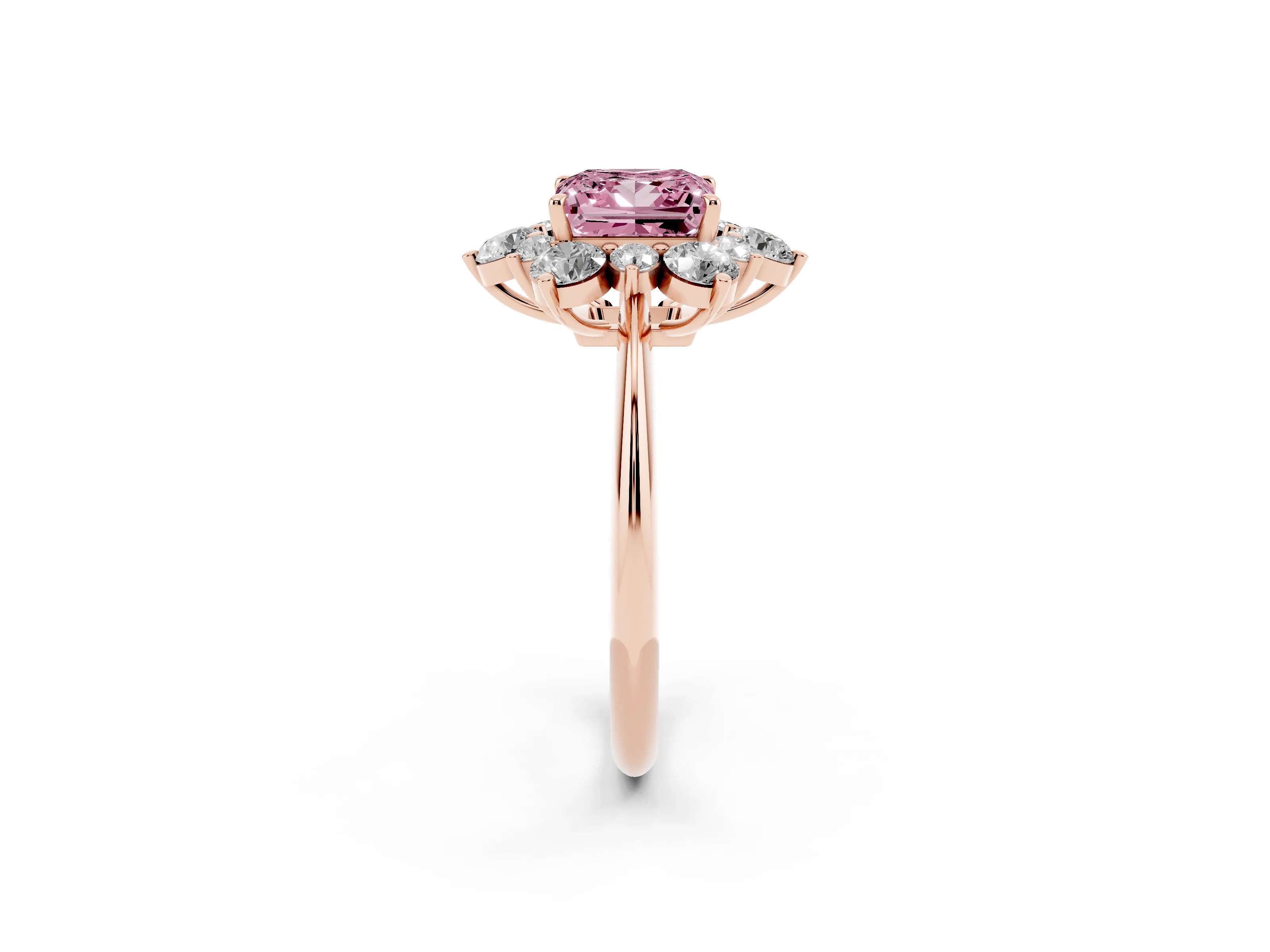 Fancy Pink Princess Cut Diamond Cluster Halo Ring Set in Rose gold with Solitaire Band and Prong Setting