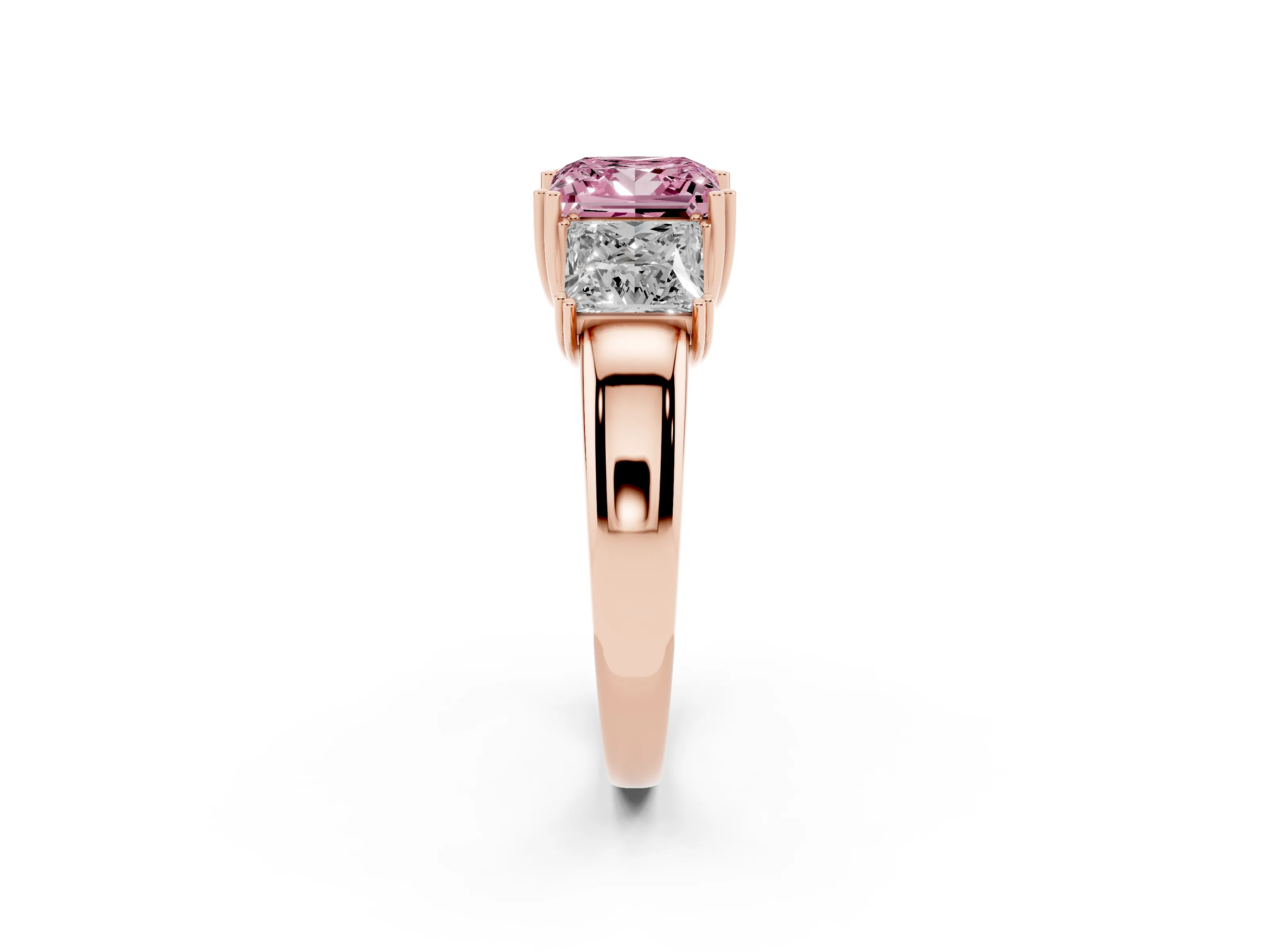 Fancy Pink Princess Cut Diamond Three-Stone Ring Set in Rose gold with Polished Channel-Set Band
