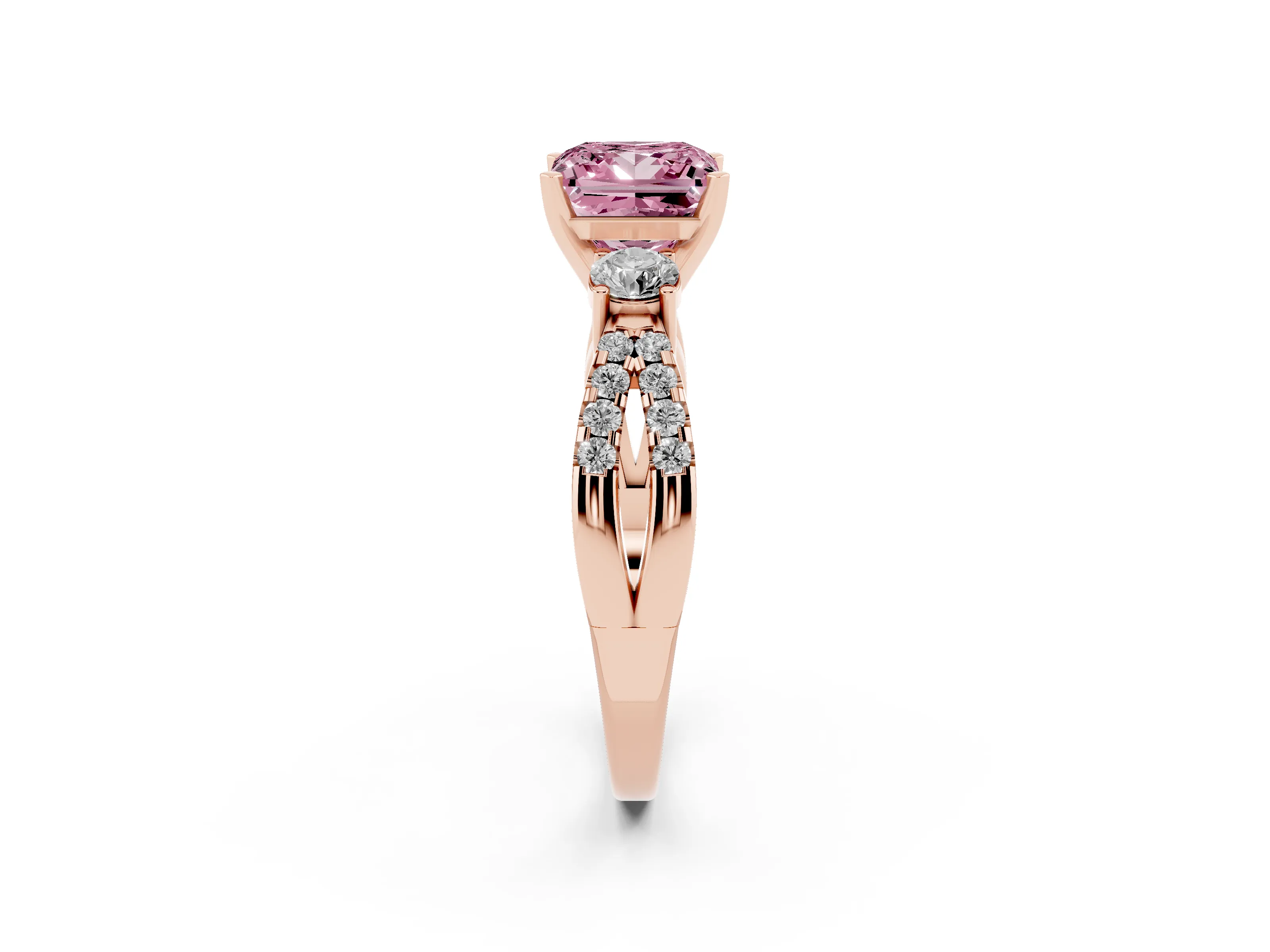 Fancy Pink Princess Cut Diamond Three-Stone Ring Set in Rose gold with Pavé Split Shank and Prong Setting