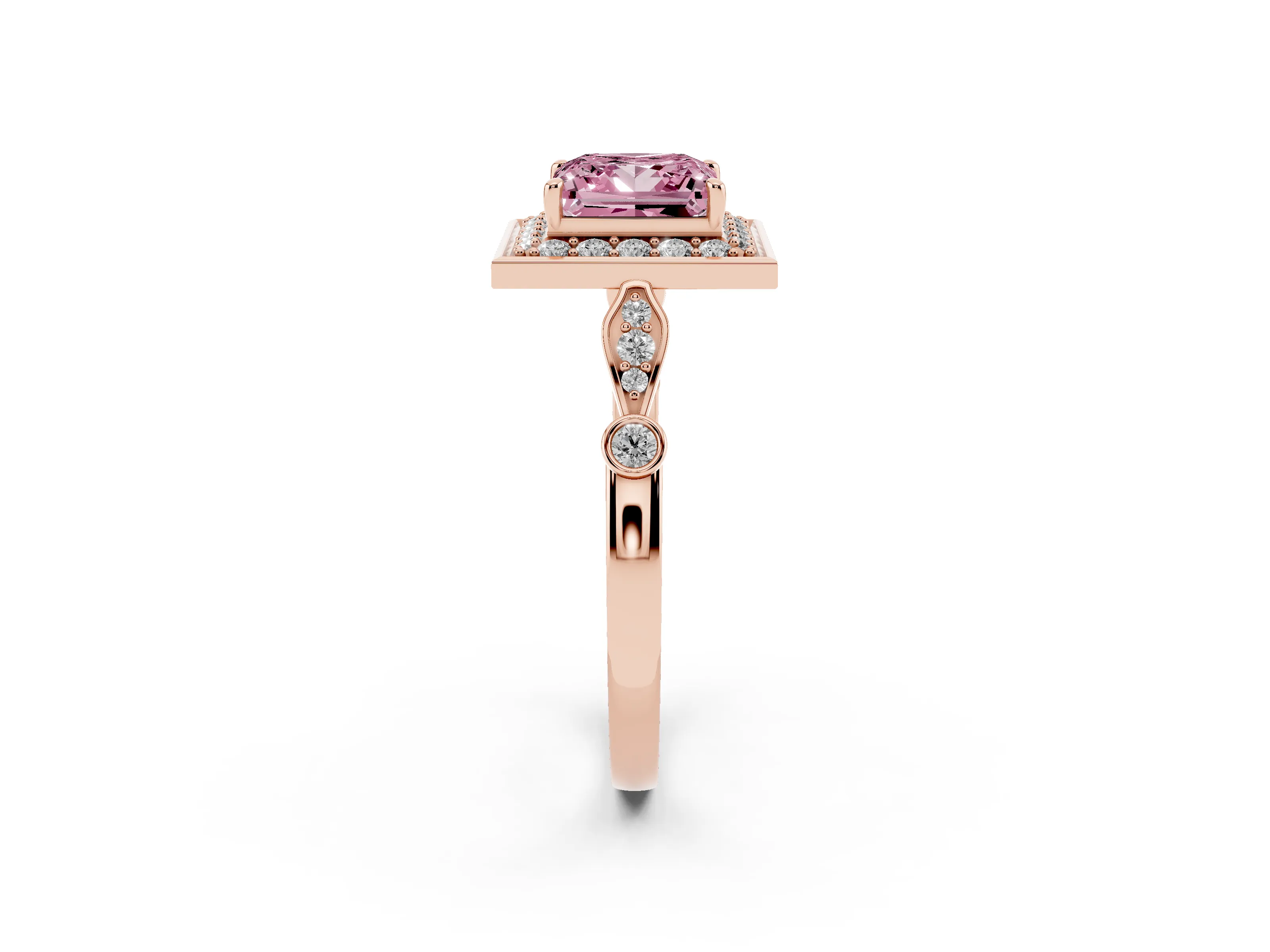 Fancy Pink Princess Cut Diamond Halo Engagement Ring Set in Rose gold with Twisted Band and Prong Setting