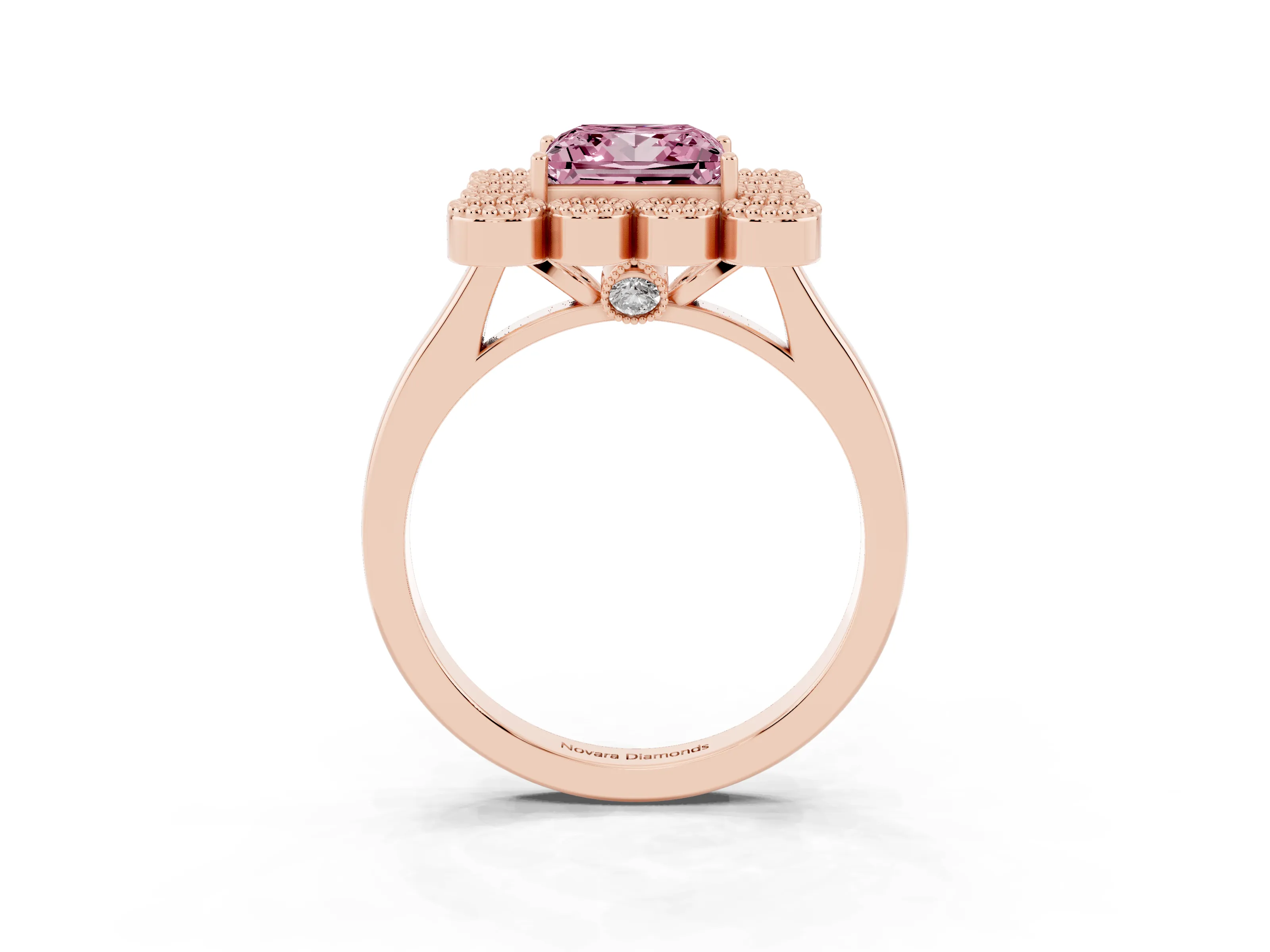 Fancy Pink Princess Cut Diamond Cluster Halo Ring Set in Rose gold with Milgrain Bezel Accents and Plain Band