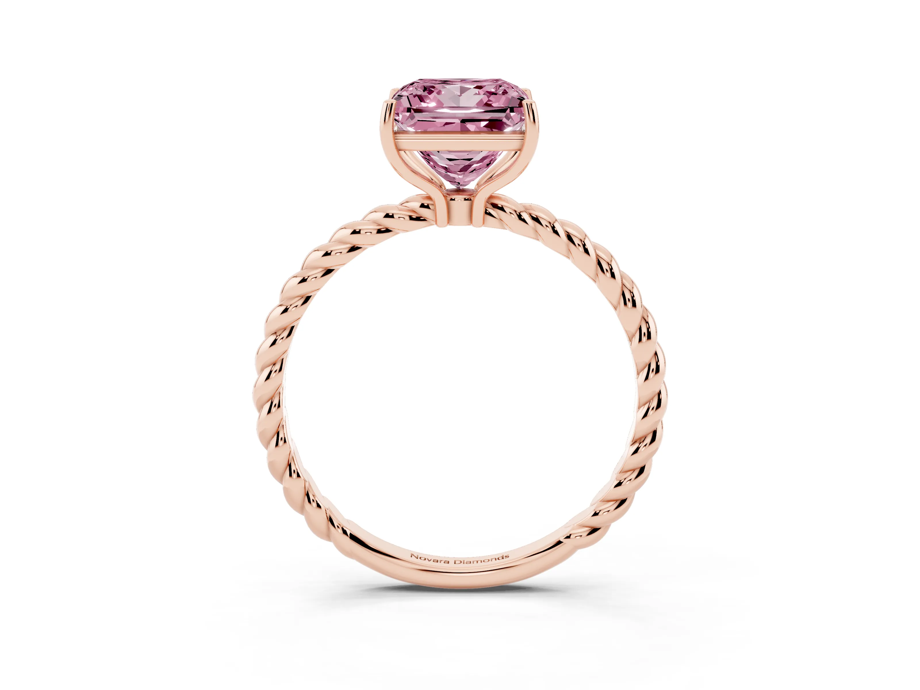 Fancy Pink Princess Cut Diamond Solitaire Ring Set in Rose gold with Twist Band and Prong Setting