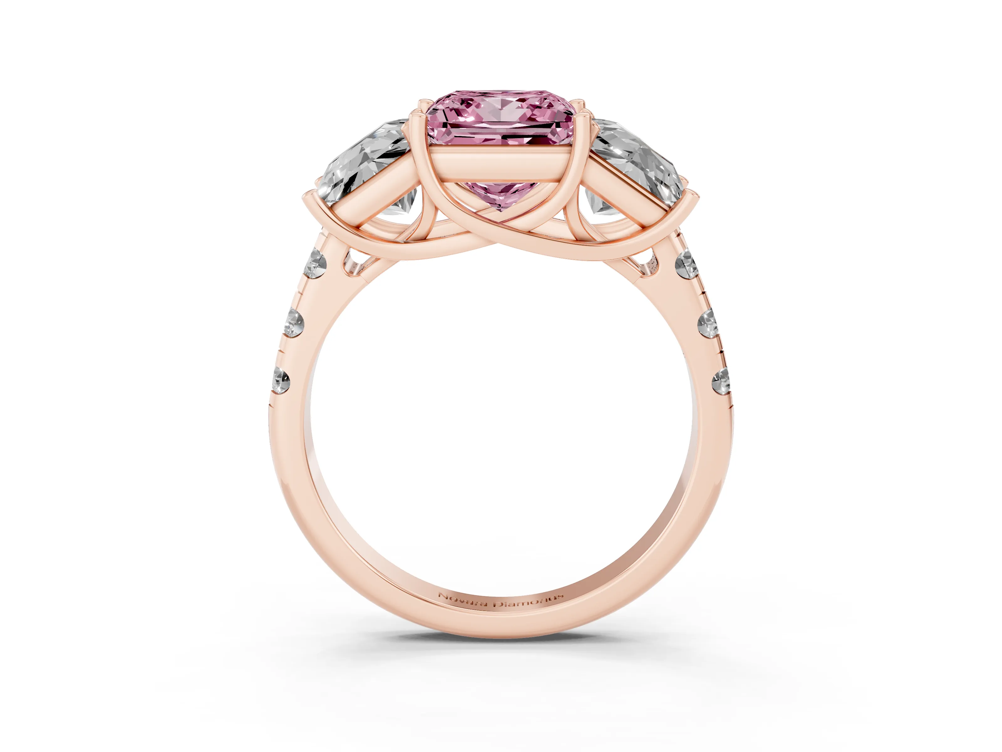 Fancy Pink Princess Cut Diamond Three-Stone Ring Set in Rose gold with Pavé Band