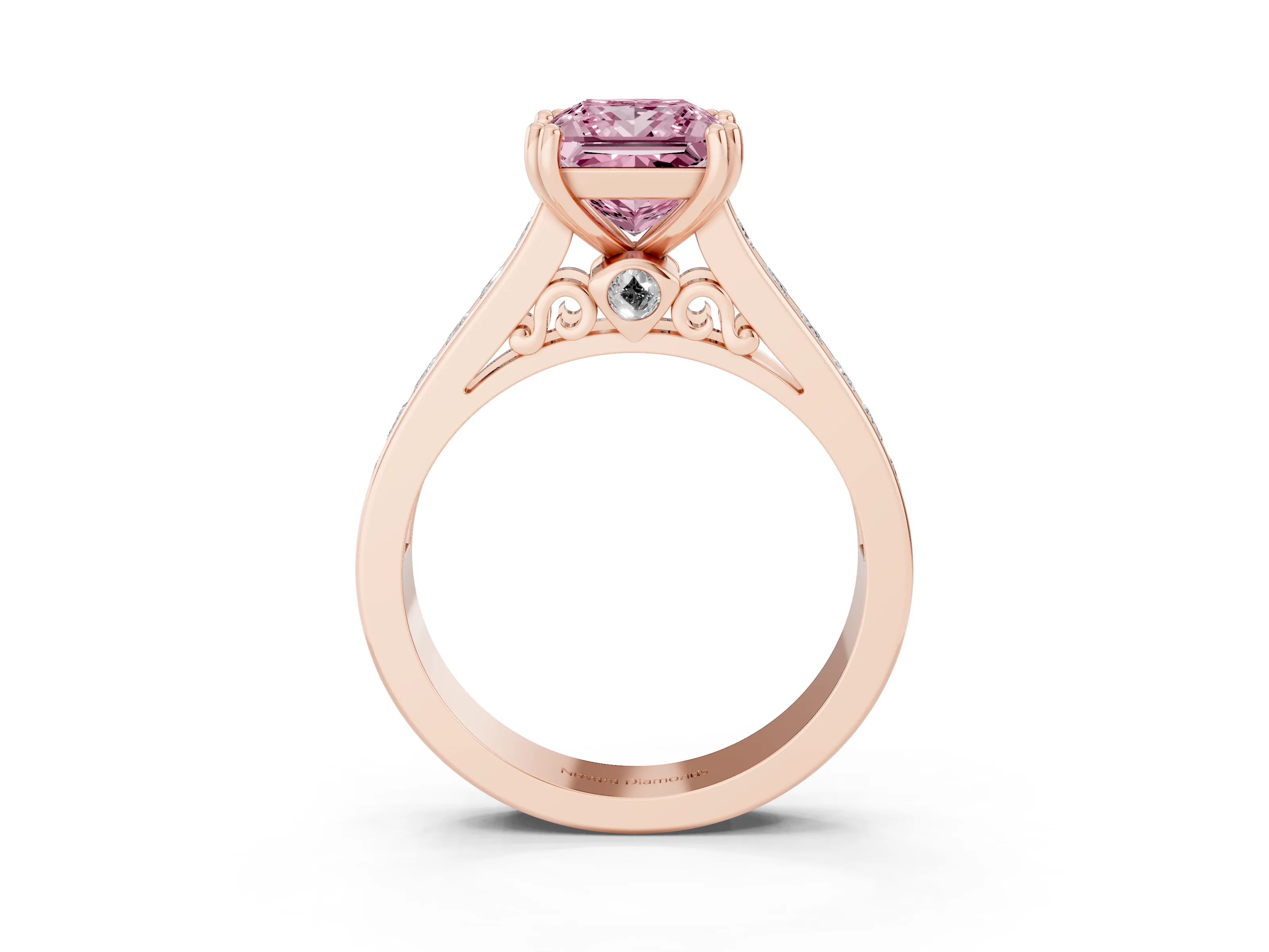 Fancy Pink Princess Cut Diamond Channel Set Solitaire Engagement Ring Set in Rose gold with Prong Setting