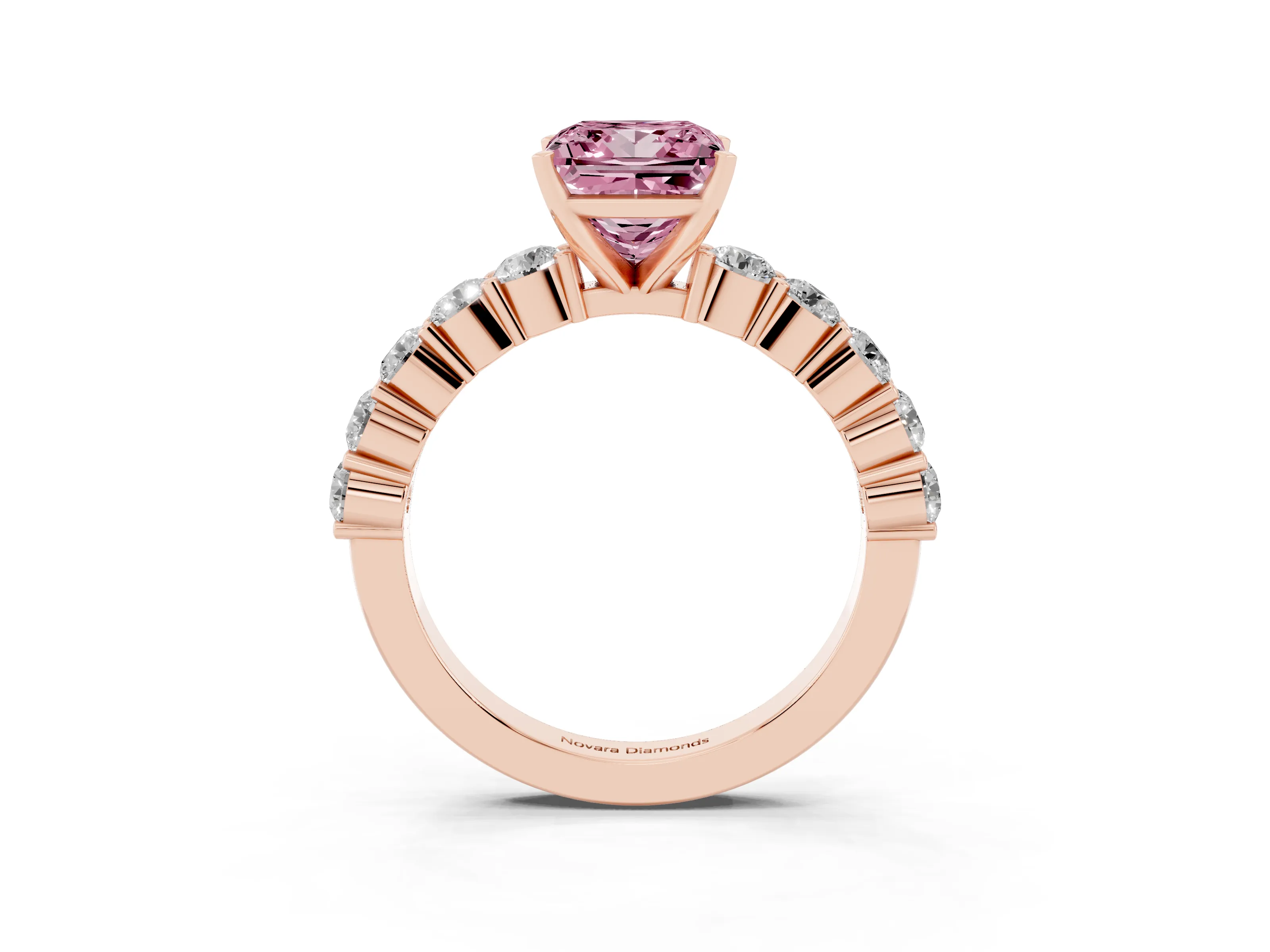 Fancy Pink Princess Cut Diamond Solitaire Ring Set in Rose gold with Shared Prong Round Side Stones