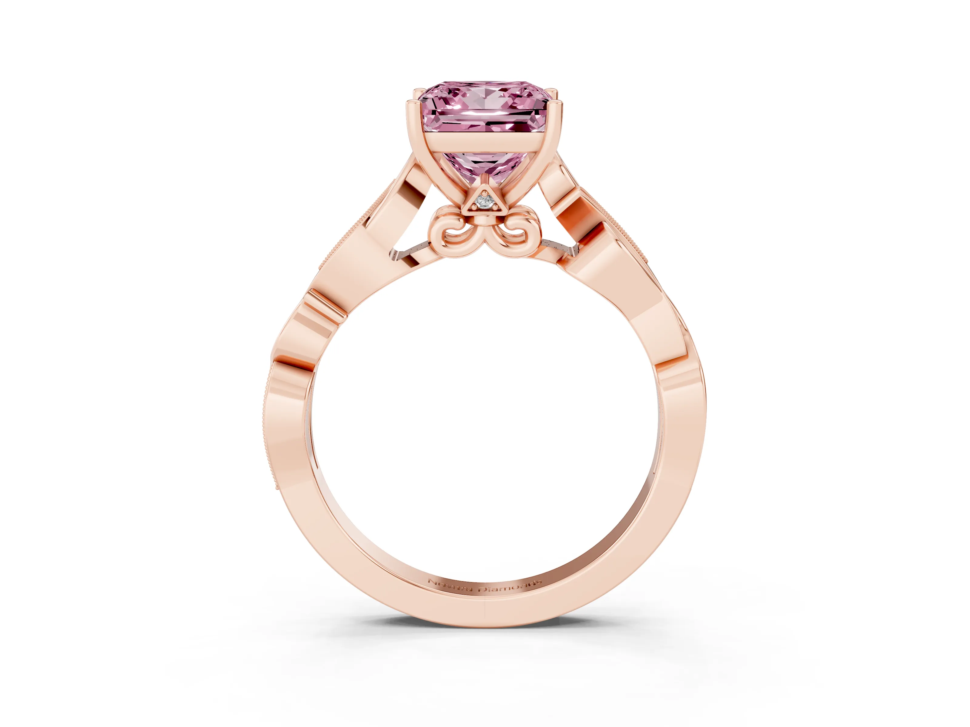 Fancy Pink Princess Cut Diamond Vine Band Solitaire Ring Set in Rose gold with Milgrain Prong Setting