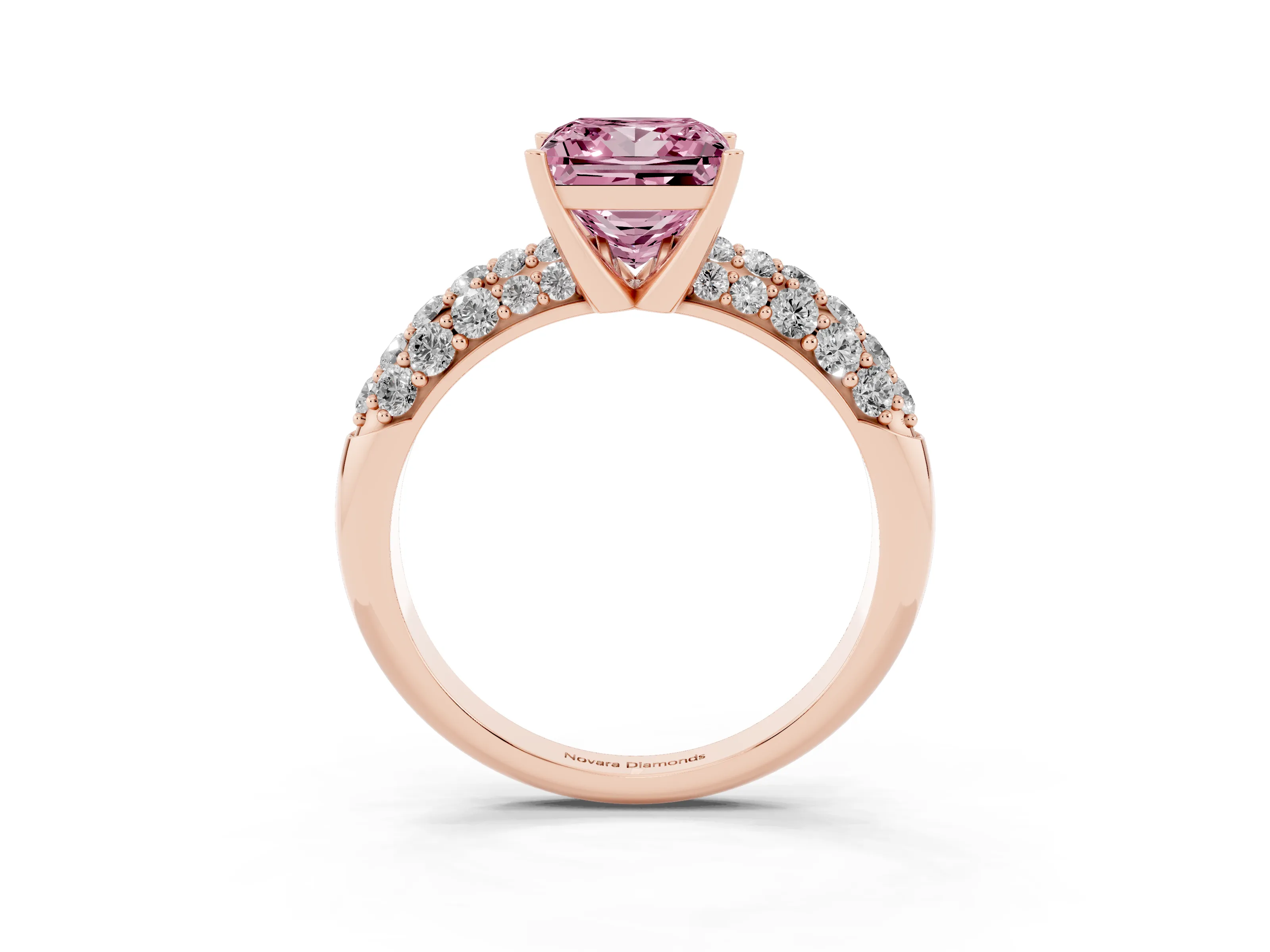 Fancy Pink Princess Cut Diamond Pavé Band Solitaire Ring Set in Rose gold with Close-Set Accent Stones and Prong Setting