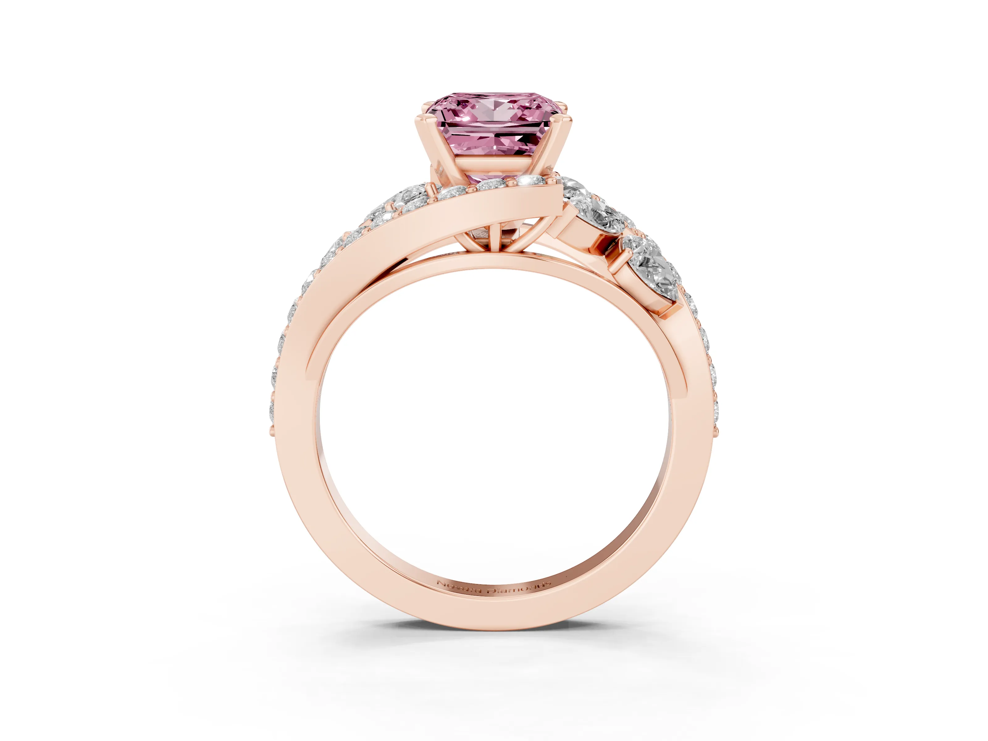 Fancy Pink Princess Cut Diamond Halo Ring Set in Rose gold with Marquise and Pavé Band in Prong Setting