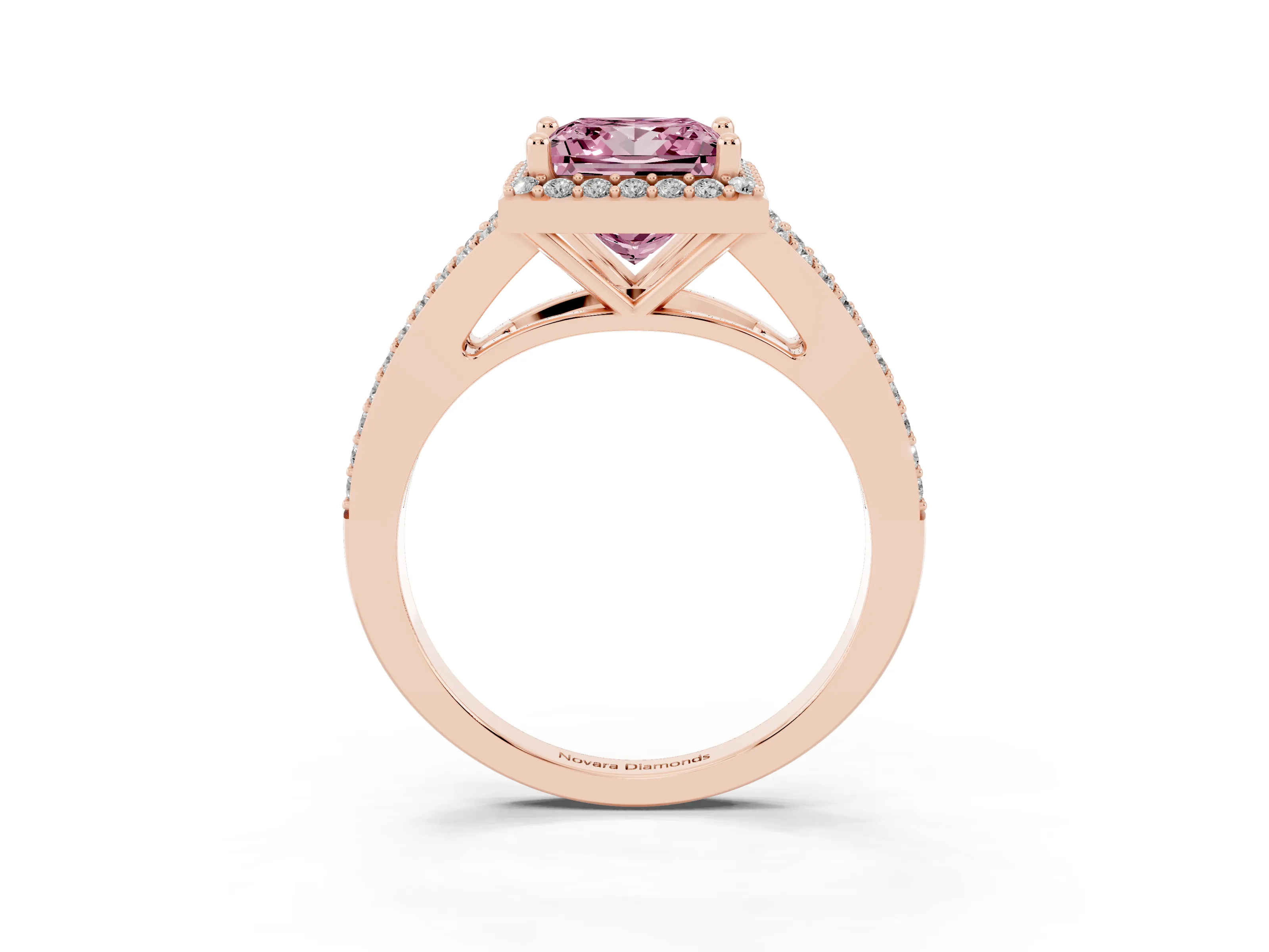 Fancy Pink Princess Cut Diamond Halo Split Shank Pavé Ring Set in Rose gold with Prong Setting