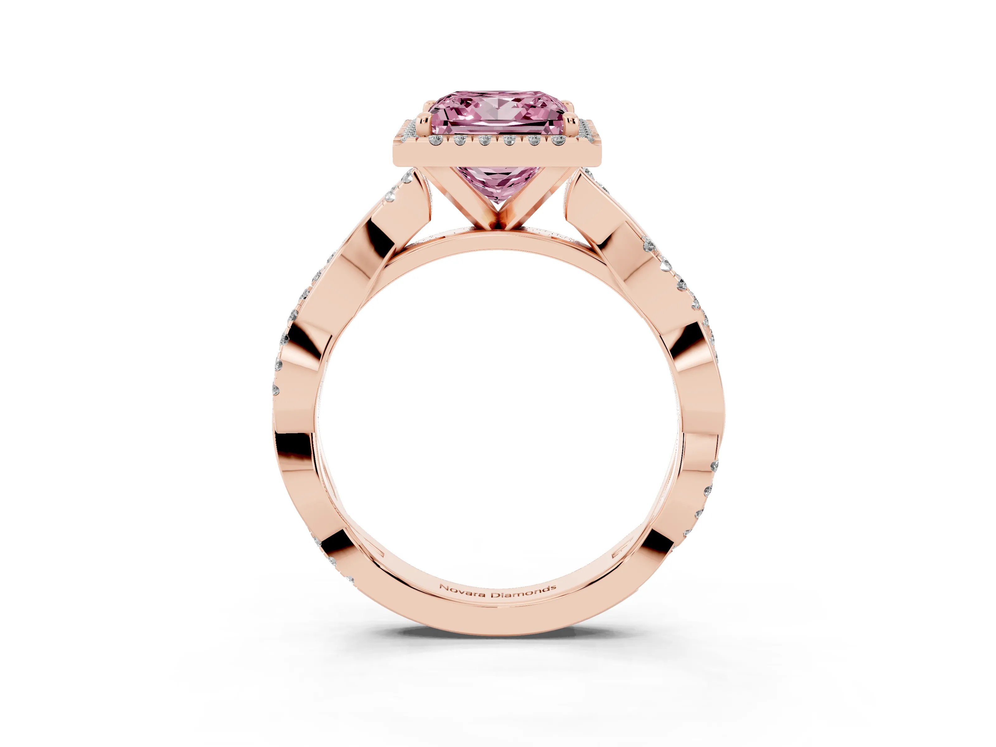 Fancy Pink Princess Cut Diamond Halo Twisted Band Ring Set in Rose gold with Prong Setting