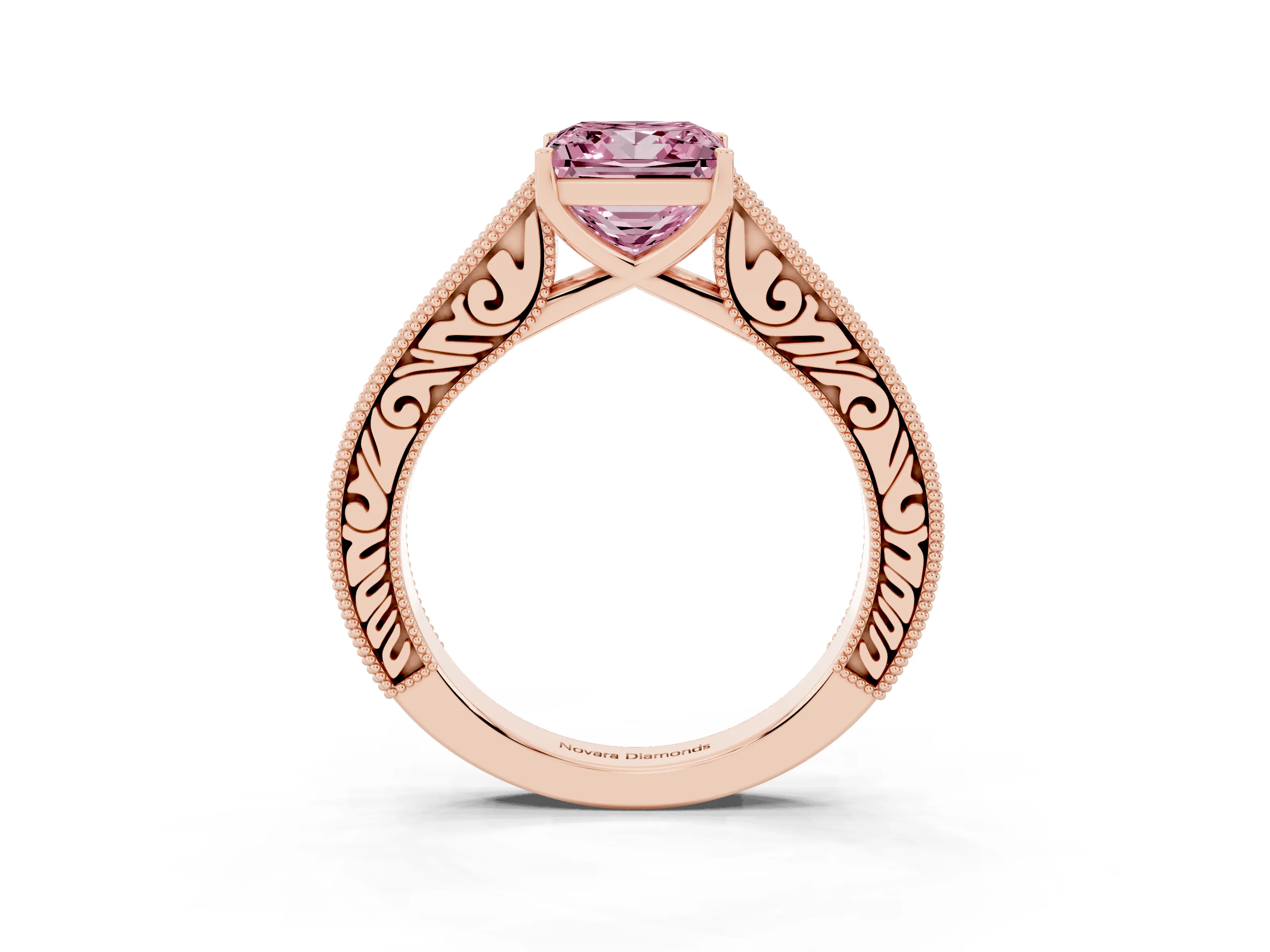 Fancy Pink Princess Cut Diamond Milgrain Pavé Band Solitaire Ring Set in Rose gold with Prong Setting