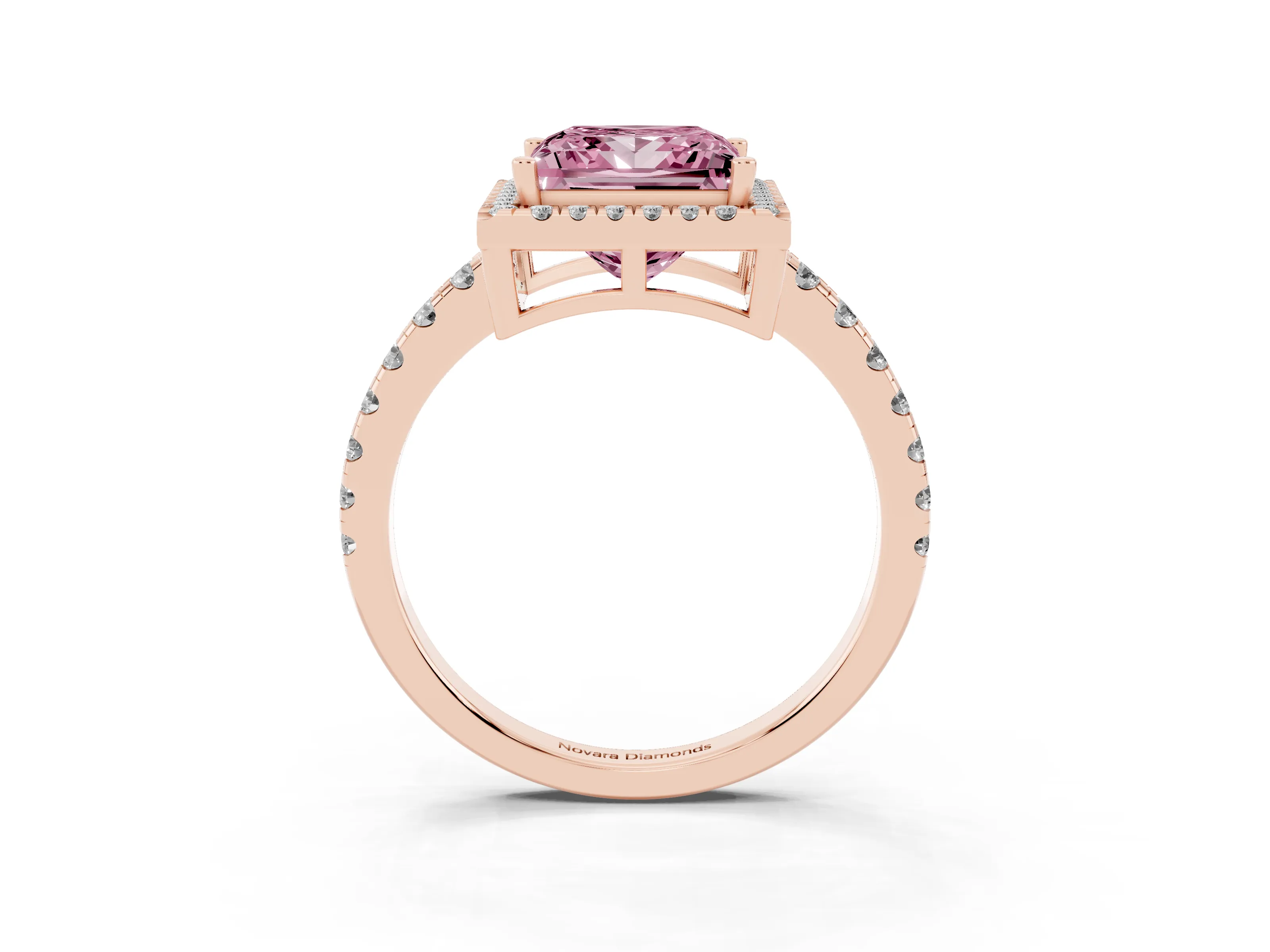 Fancy Pink Princess Cut Diamond Halo Ring Set in Rose gold with Delicate Pavé Band and Prong Setting